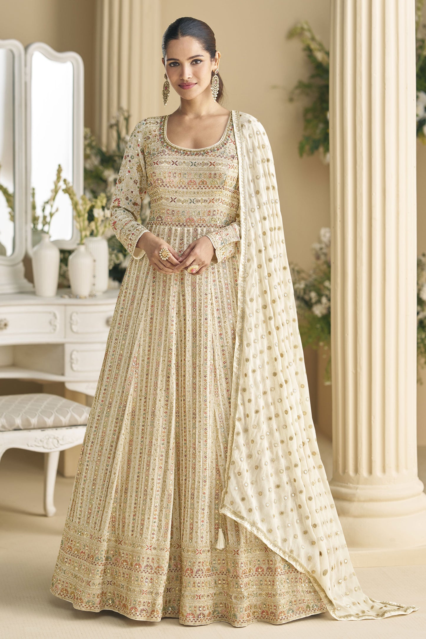 Off White Readymade Embroidered Georgette Gown With Dupatta-SS837_1_SareeButa.com