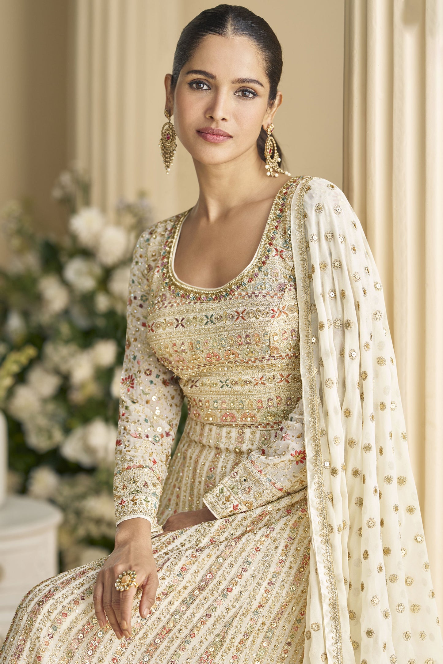 Off White Readymade Embroidered Georgette Gown With Dupatta-SS837_2_SareeButa.com