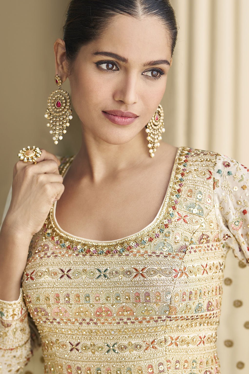 Off White Readymade Embroidered Georgette Gown With Dupatta-SS837_3_SareeButa.com