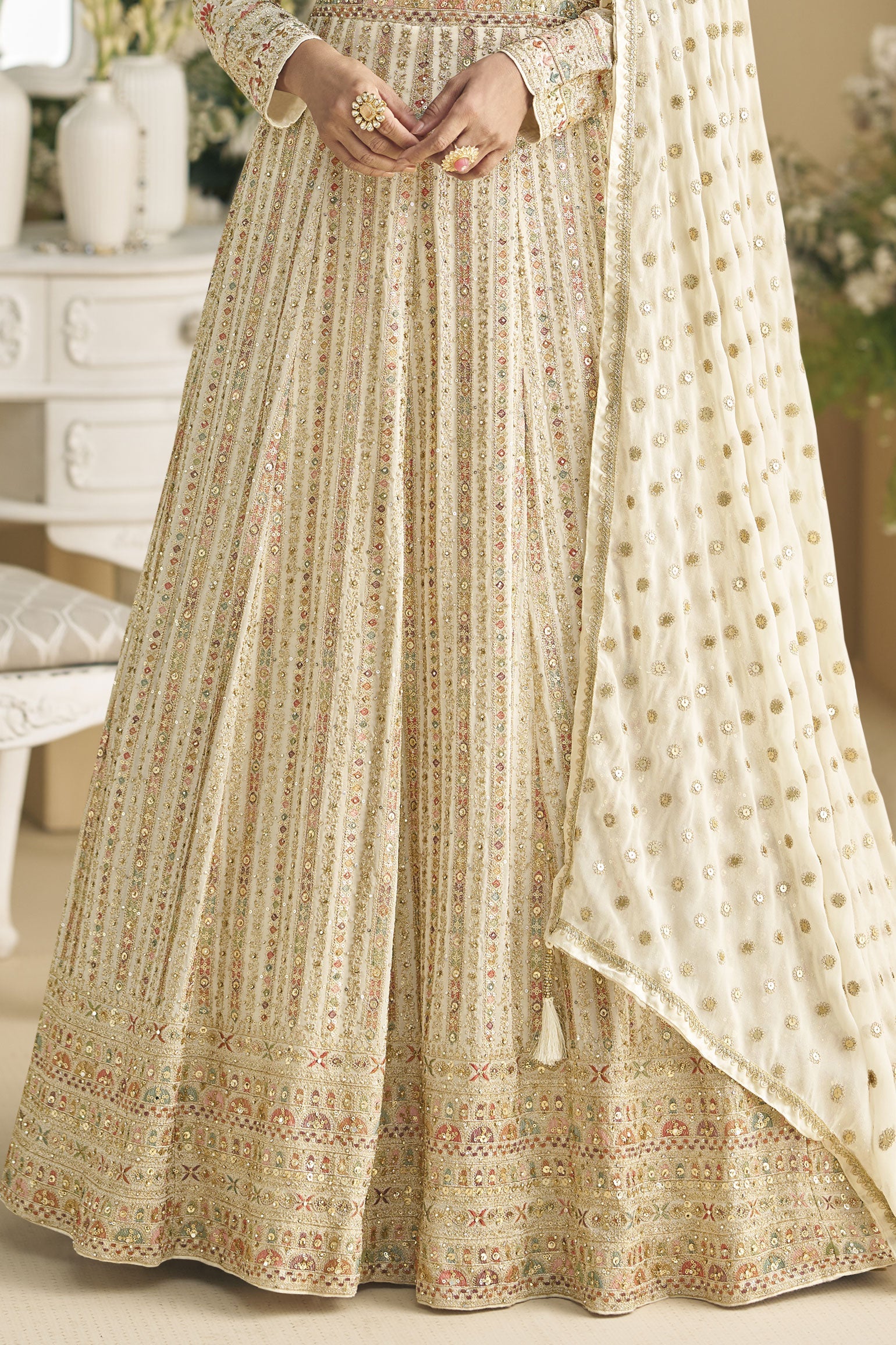 Off White Readymade Embroidered Georgette Gown With Dupatta-SS837_4_SareeButa.com