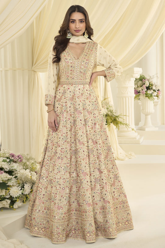Off White Readymade Georgette Gown with Dupatta-SAR12144_1_SareeButa.com