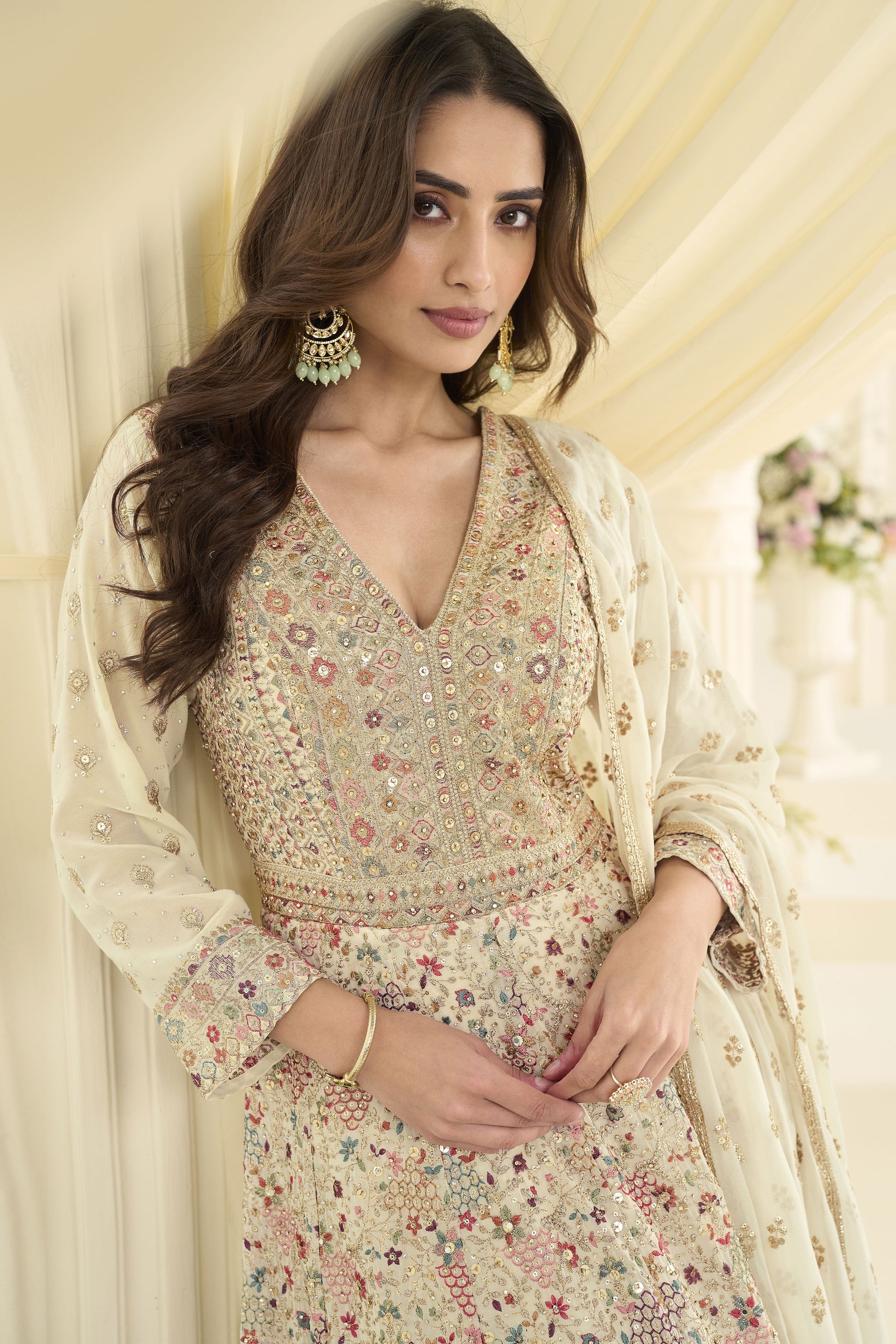 Off White Readymade Georgette Gown with Dupatta-SAR12144_2_SareeButa.com