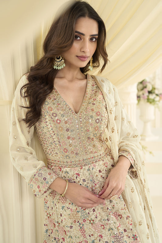 Off White Readymade Georgette Gown with Dupatta-SAR12144_2_SareeButa.com