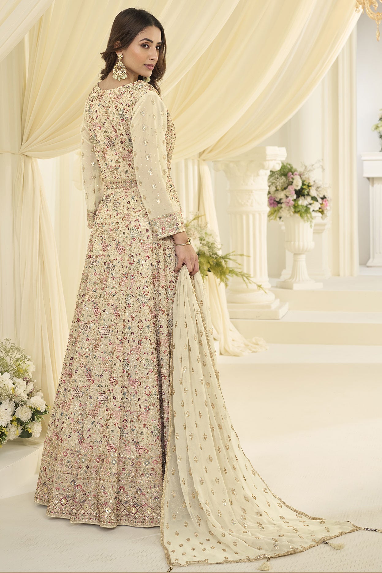 Off White Readymade Georgette Gown with Dupatta-SAR12144_3_SareeButa.com