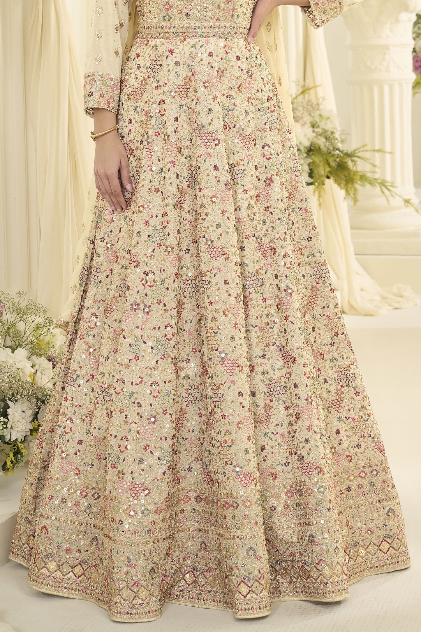 Off White Readymade Georgette Gown with Dupatta-SAR12144_5_SareeButa.com