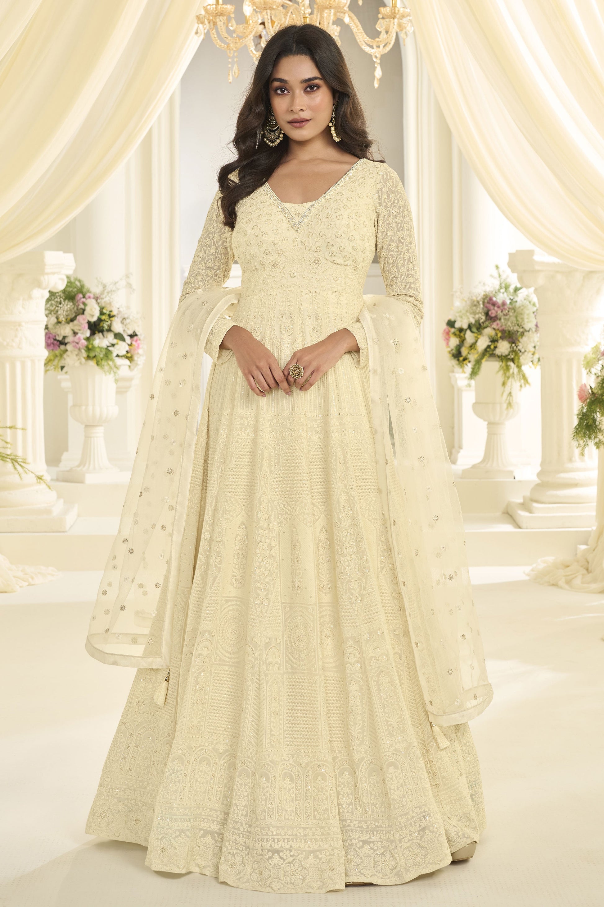 Off White Readymade Georgette Gown with Dupatta-SS1016_1_SareeButa.com