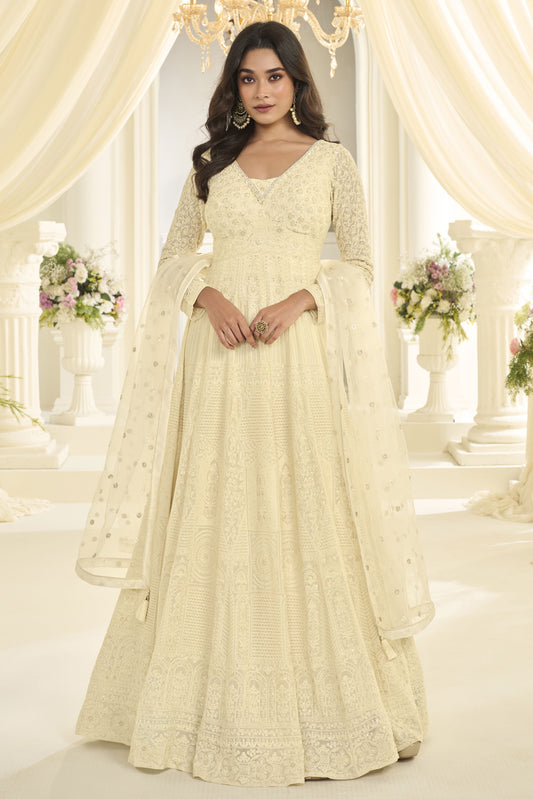 Off White Readymade Georgette Gown with Dupatta-SS1016_1_SareeButa.com