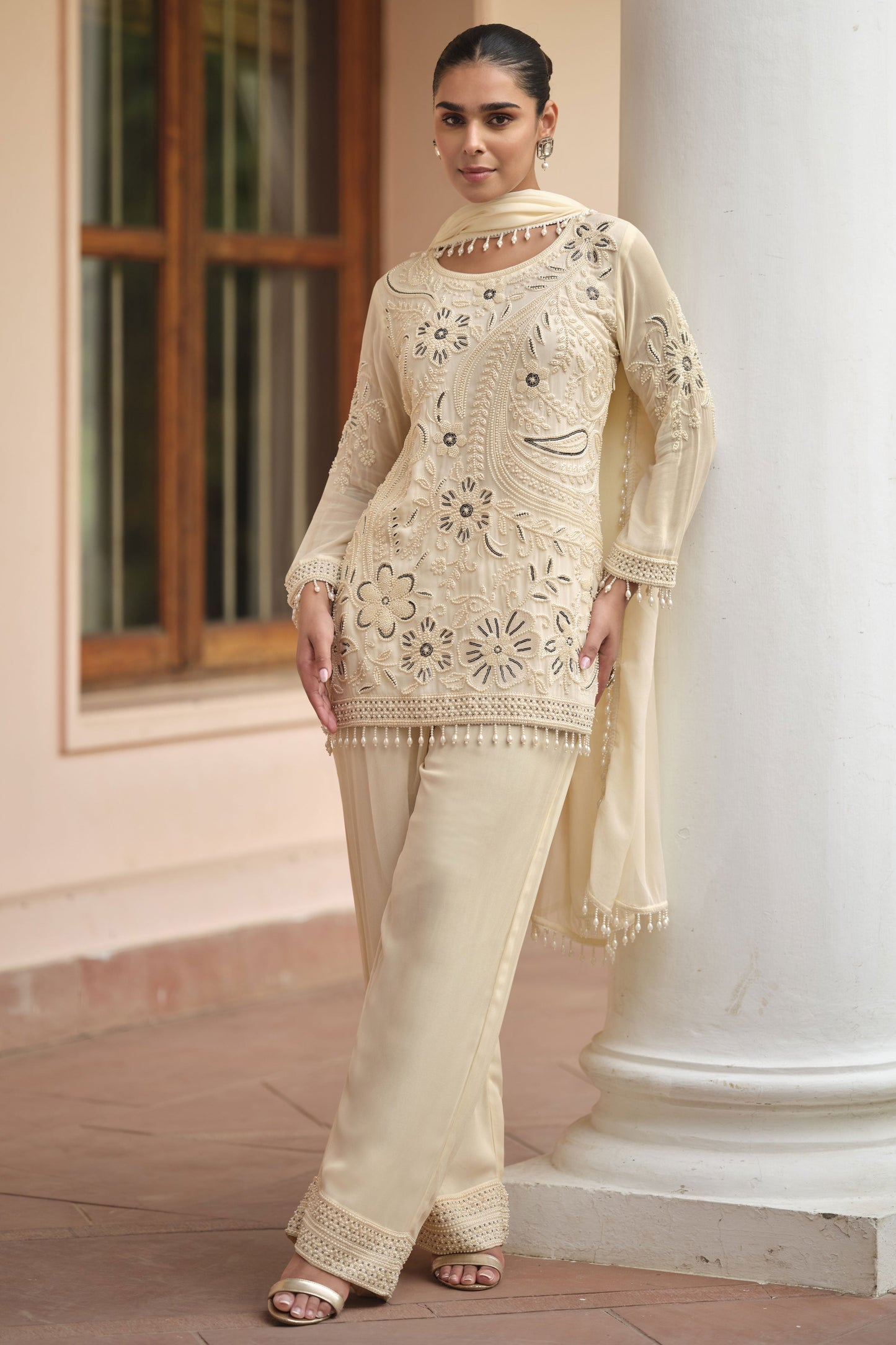 Off White Readymade Moti Work Georgette Palazzo Suit-SS940_1_SareeButa.com