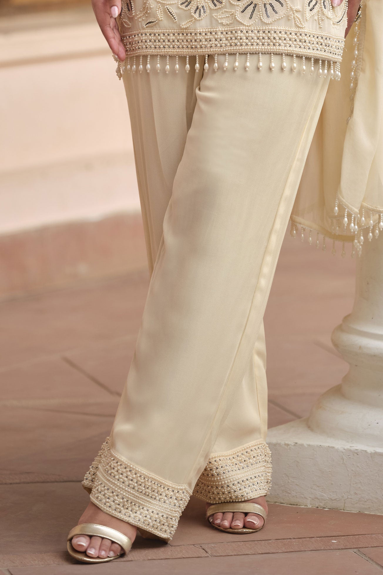 Off White Readymade Moti Work Georgette Palazzo Suit-SS940_3_SareeButa.com