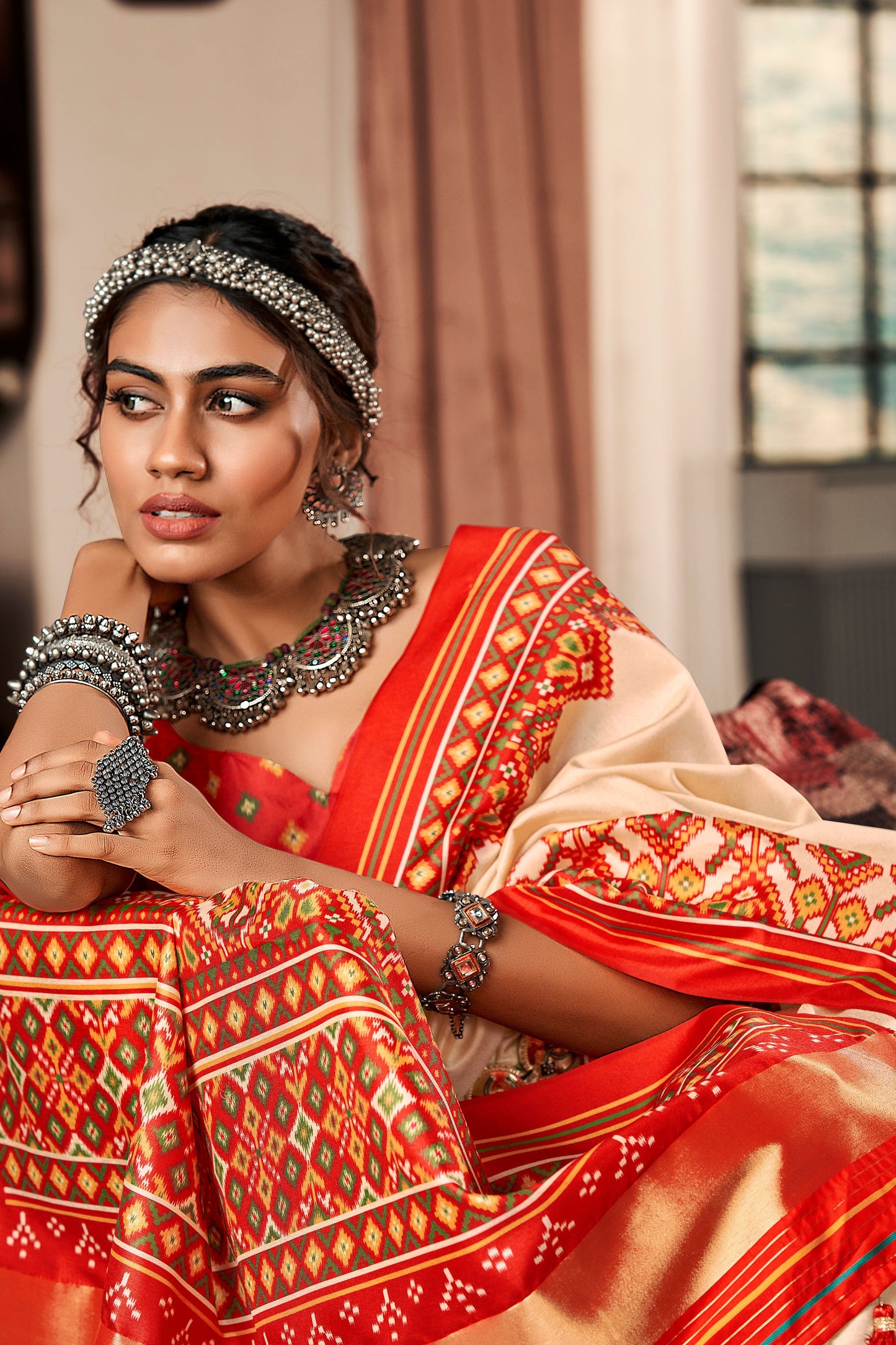 Off White Tussar Silk Saree With Patola Print-ZB133039_2_SareeButa.com