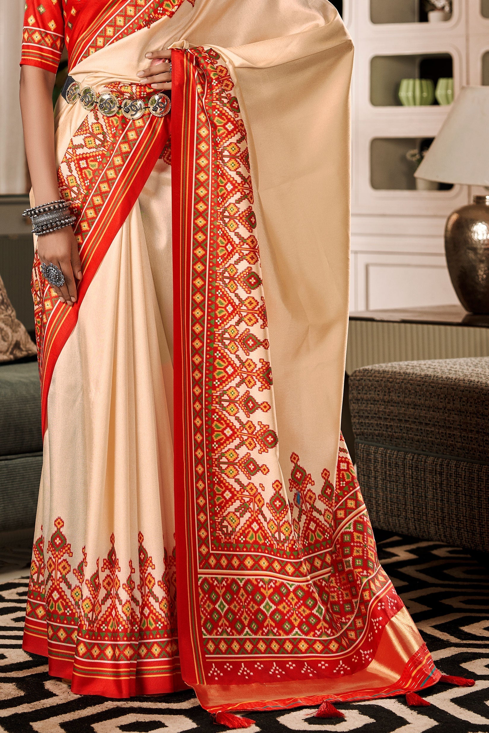 Off White Tussar Silk Saree With Patola Print-ZB133039_4_SareeButa.com