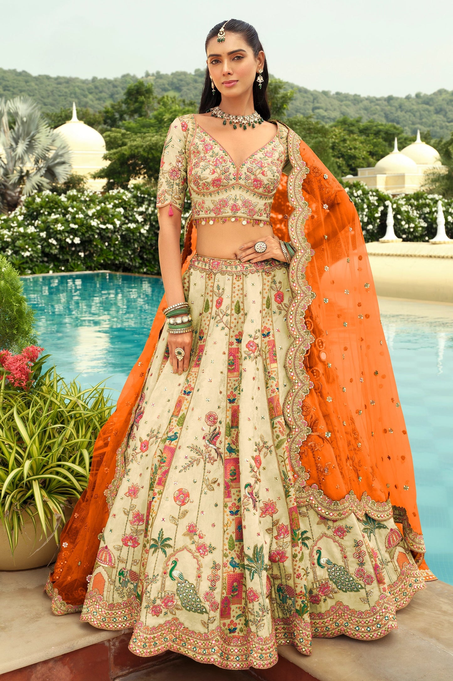 Off-White Readymade Embroidered Silk Lehenga-SAR10899_1_SareeButa.com