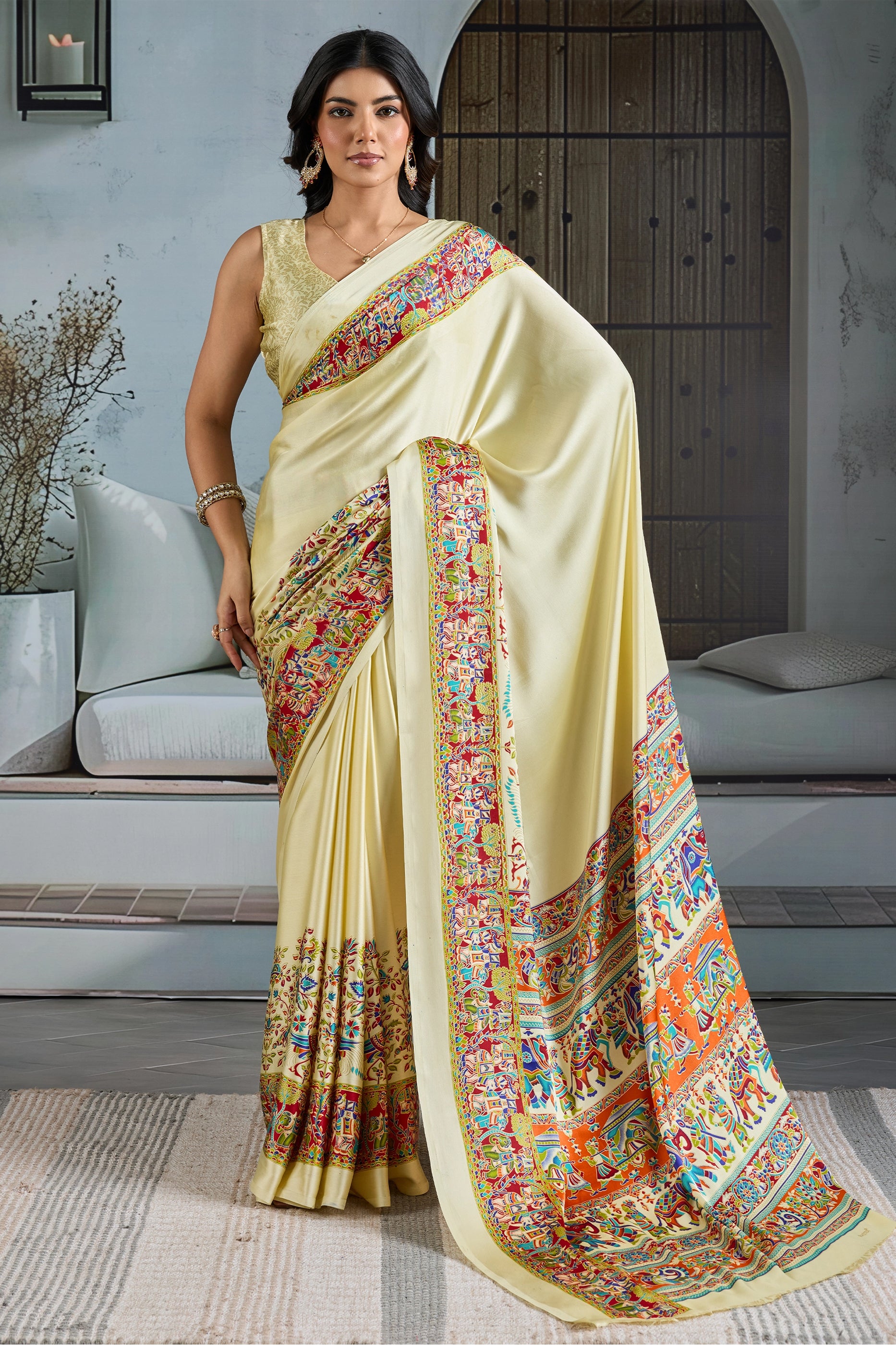 Off White Ajrakh Print Satin Saree-SAR11827_1_SareeButa.com