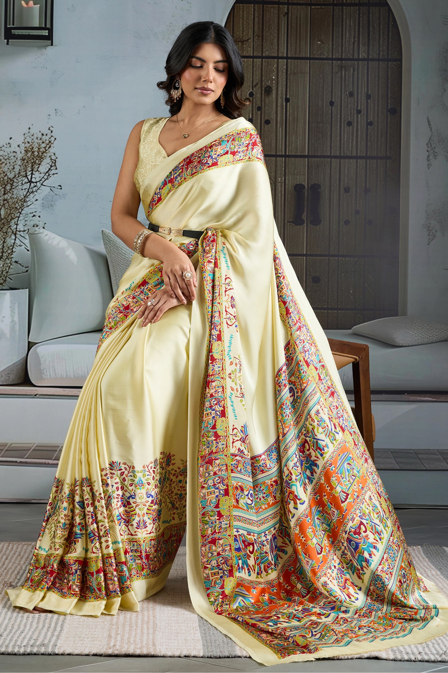 Off White Ajrakh Print Satin Saree-SAR11827_3_SareeButa.com