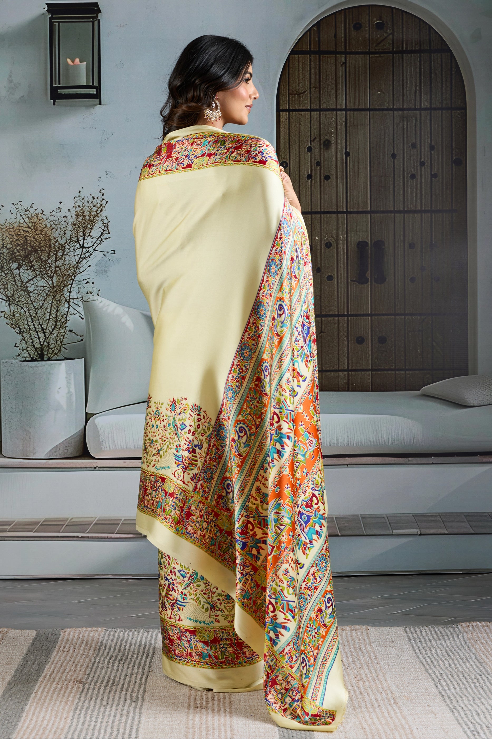 Off White Ajrakh Print Satin Saree-SAR11827_4_SareeButa.com