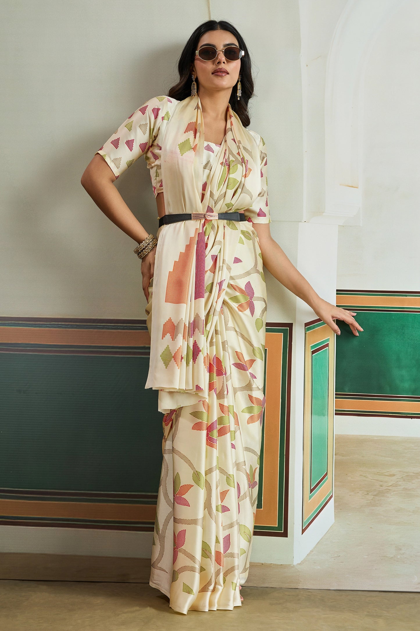Off White Ajrakh Print Satin Saree-SAR11835_3_SareeButa.com