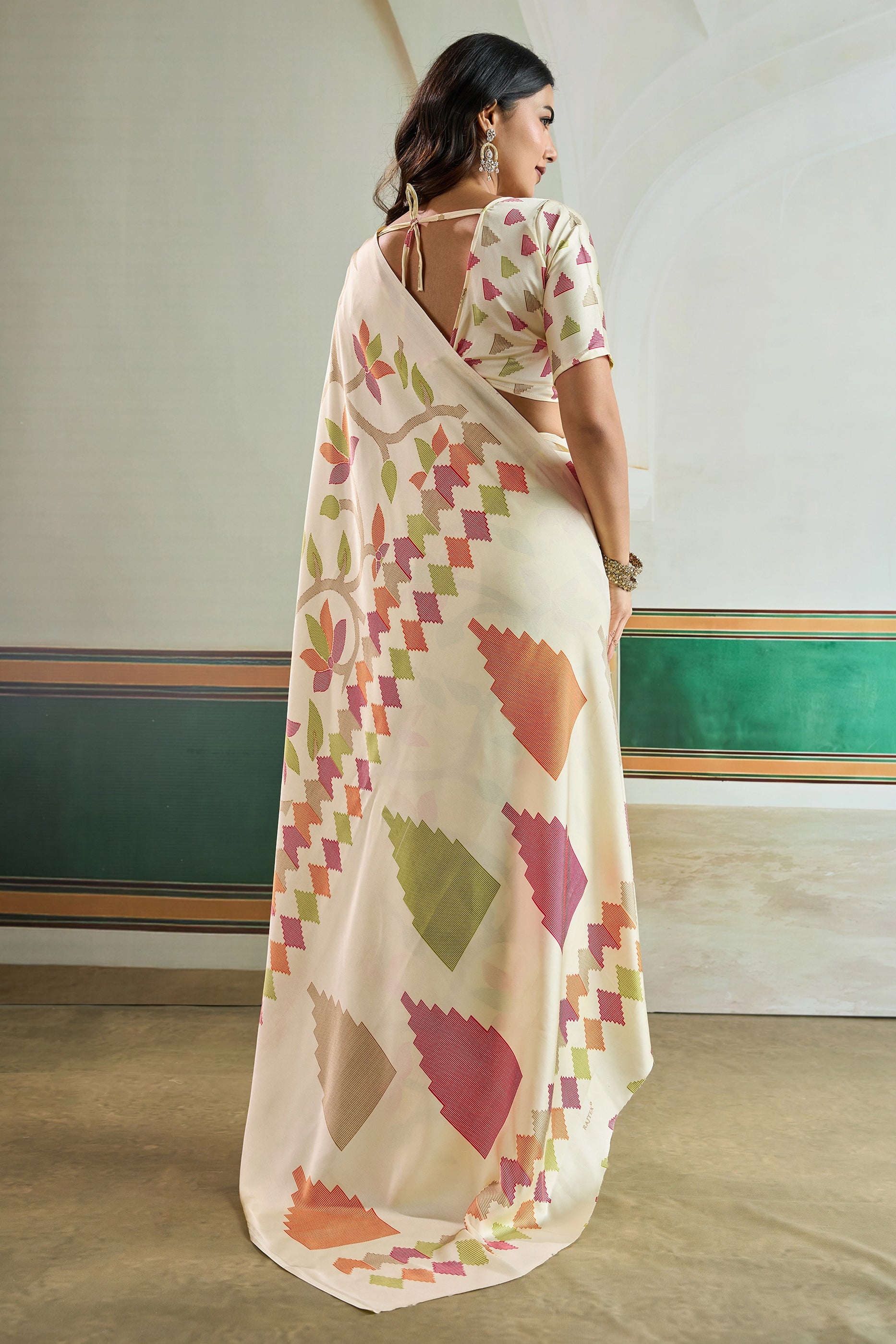 Off White Ajrakh Print Satin Saree-SAR11835_5_SareeButa.com