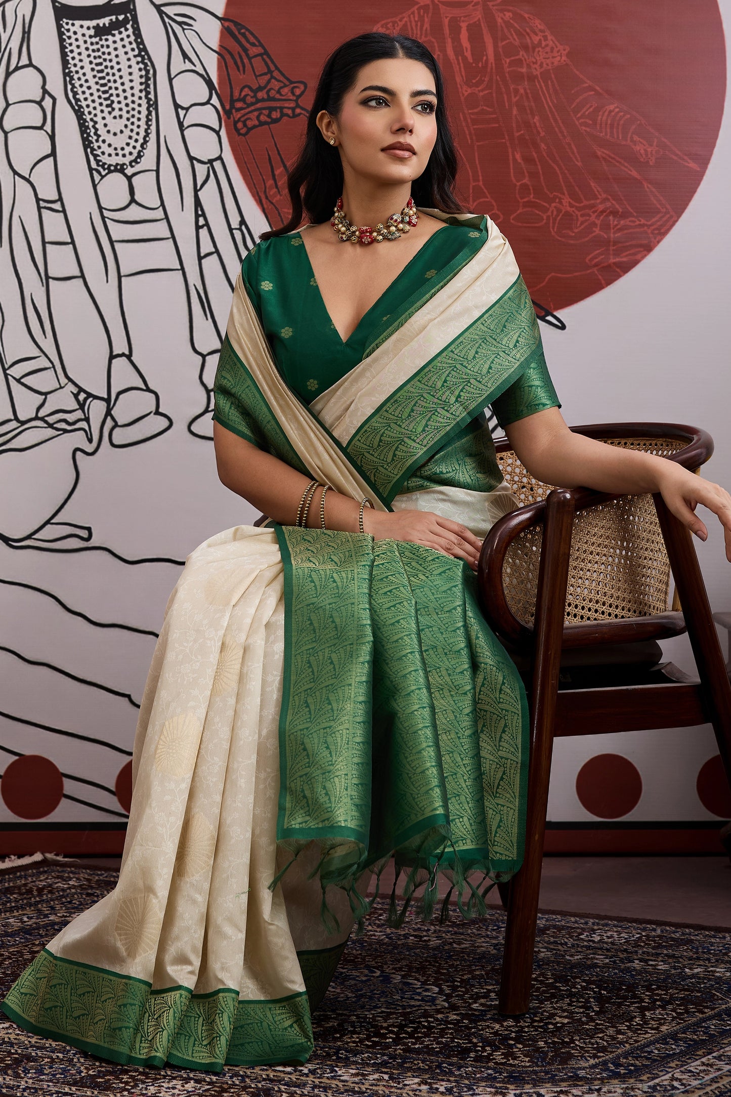 Off White And Green Woven Silk Saree-SAR11848_3_SareeButa.com