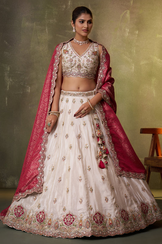 Off White And Pink Readymade Embroidered Tissue Lehenga-SAR12882_1_SareeButa.com