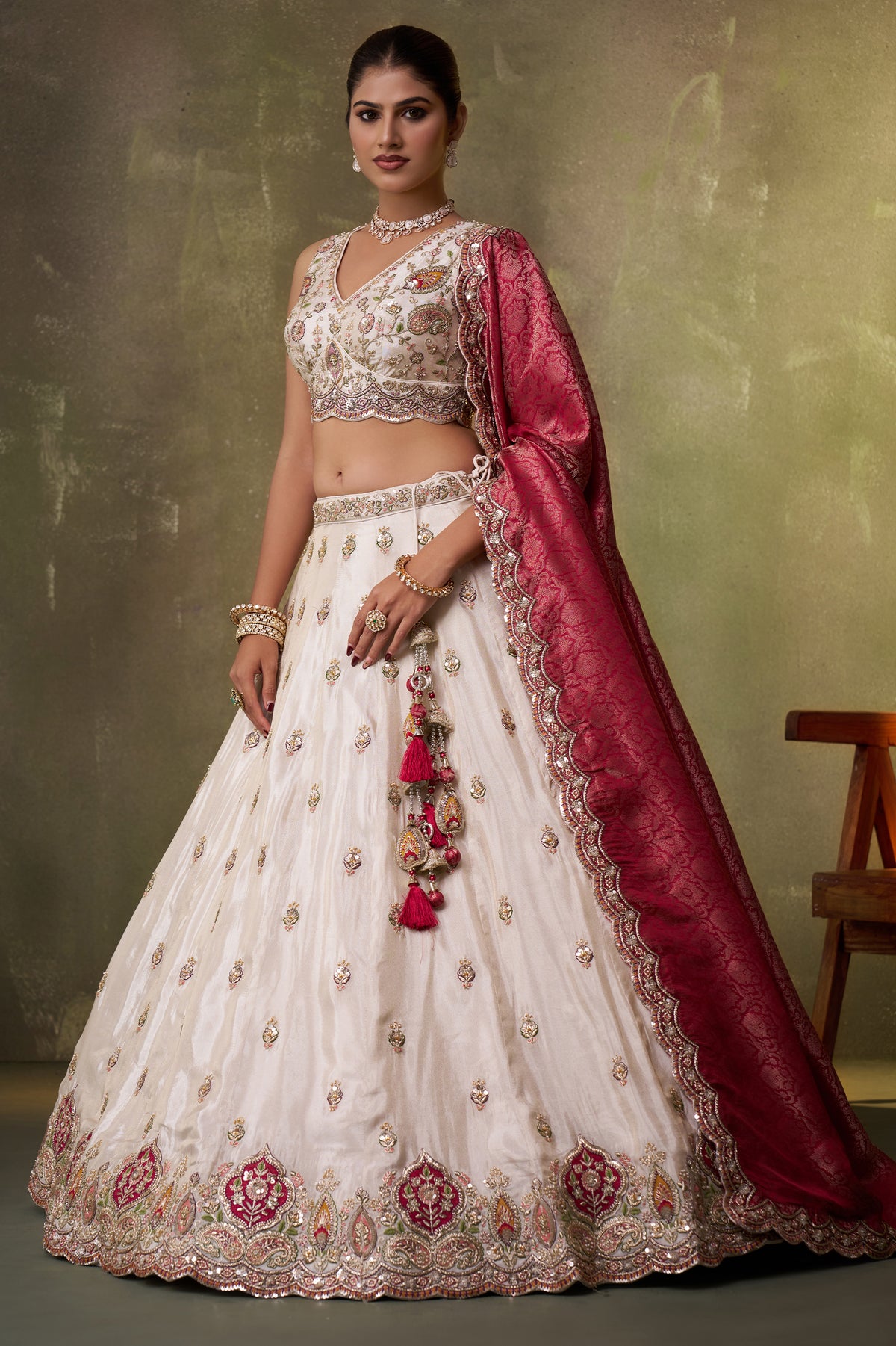 Off White And Pink Readymade Embroidered Tissue Lehenga-SAR12882_3_SareeButa.com