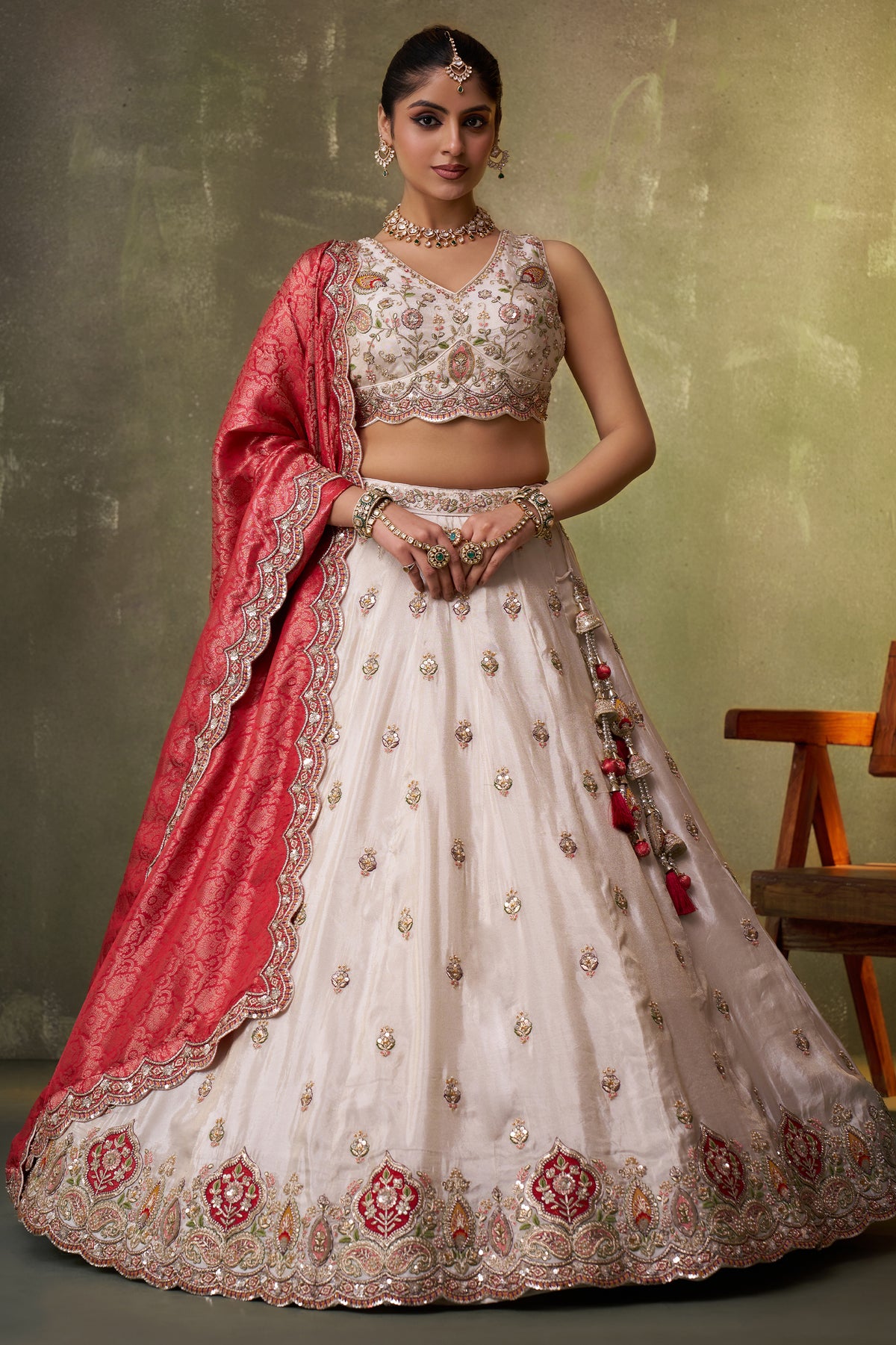 Off White And Red Readymade Embroidered Tissue Lehenga-SAR12884_1_SareeButa.com