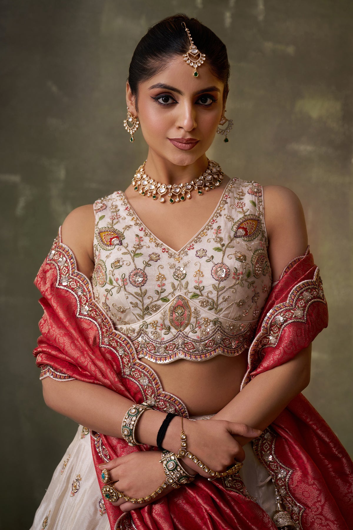 Off White And Red Readymade Embroidered Tissue Lehenga-SAR12884_2_SareeButa.com