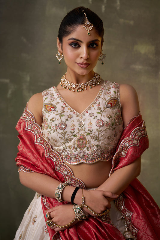 Off White And Red Readymade Embroidered Tissue Lehenga-SAR12884_2_SareeButa.com