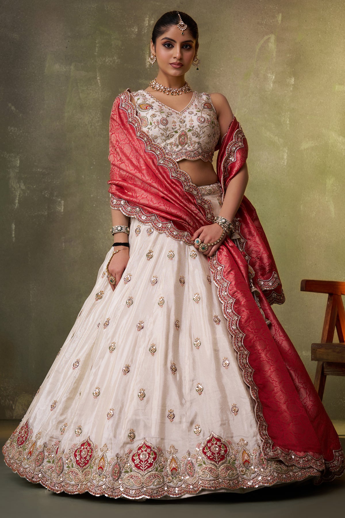 Off White And Red Readymade Embroidered Tissue Lehenga-SAR12884_4_SareeButa.com