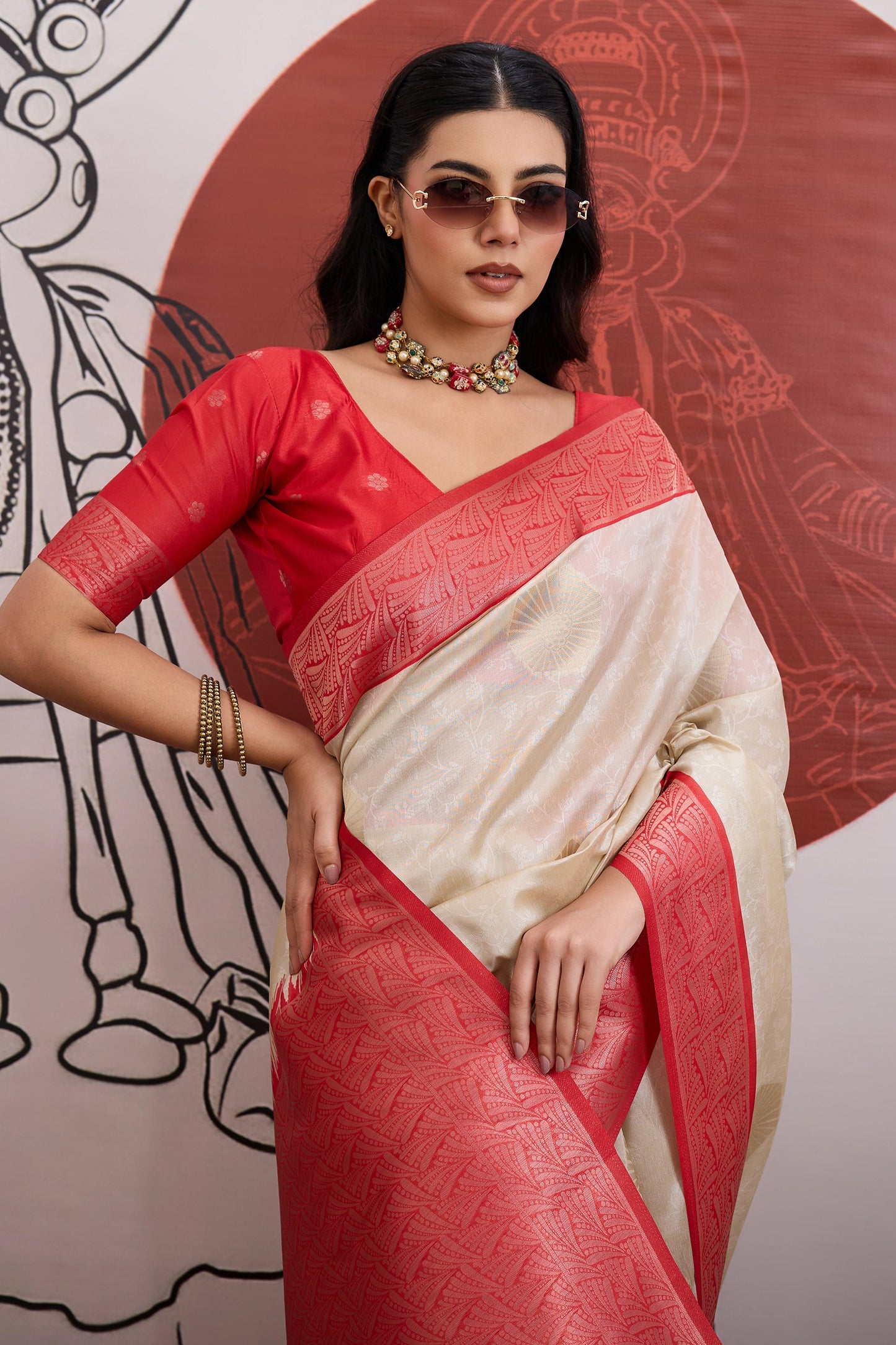 Off White And Red Woven Silk Saree-SAR11844_2_SareeButa.com