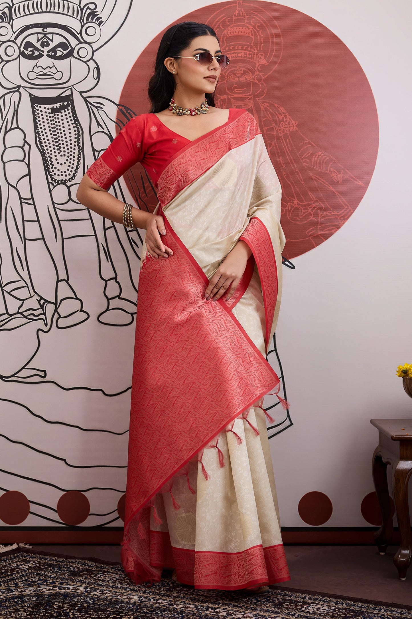 Off White And Red Woven Silk Saree-SAR11844_3_SareeButa.com