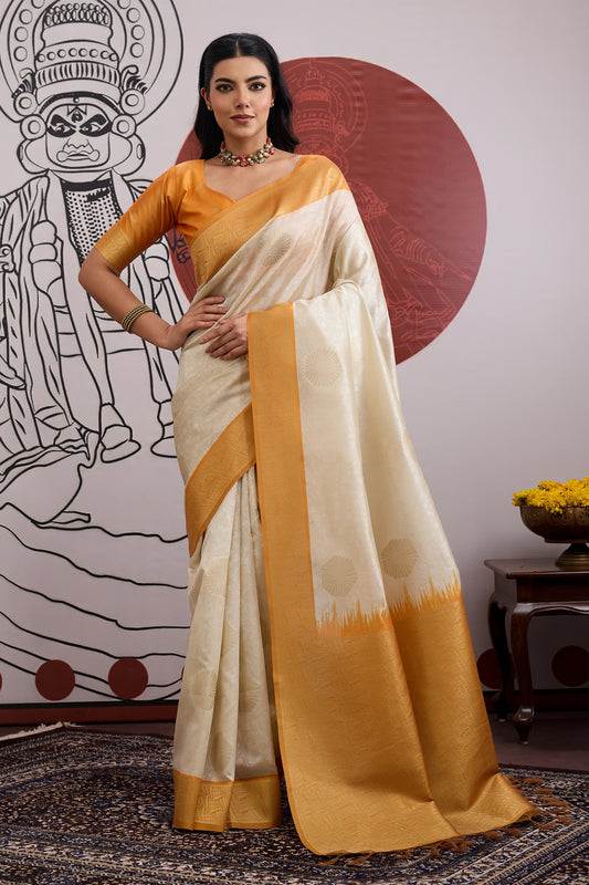 Off White And Yellow Woven Silk Saree-SAR11845_1_SareeButa.com