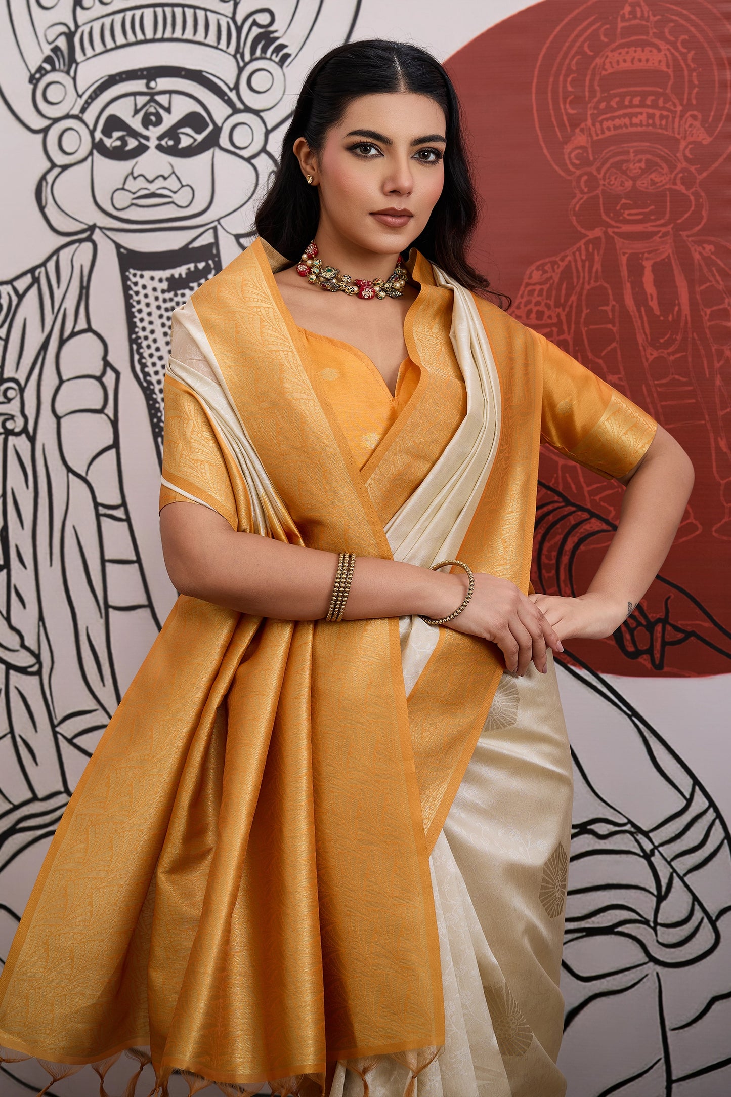 Off White And Yellow Woven Silk Saree-SAR11845_2_SareeButa.com