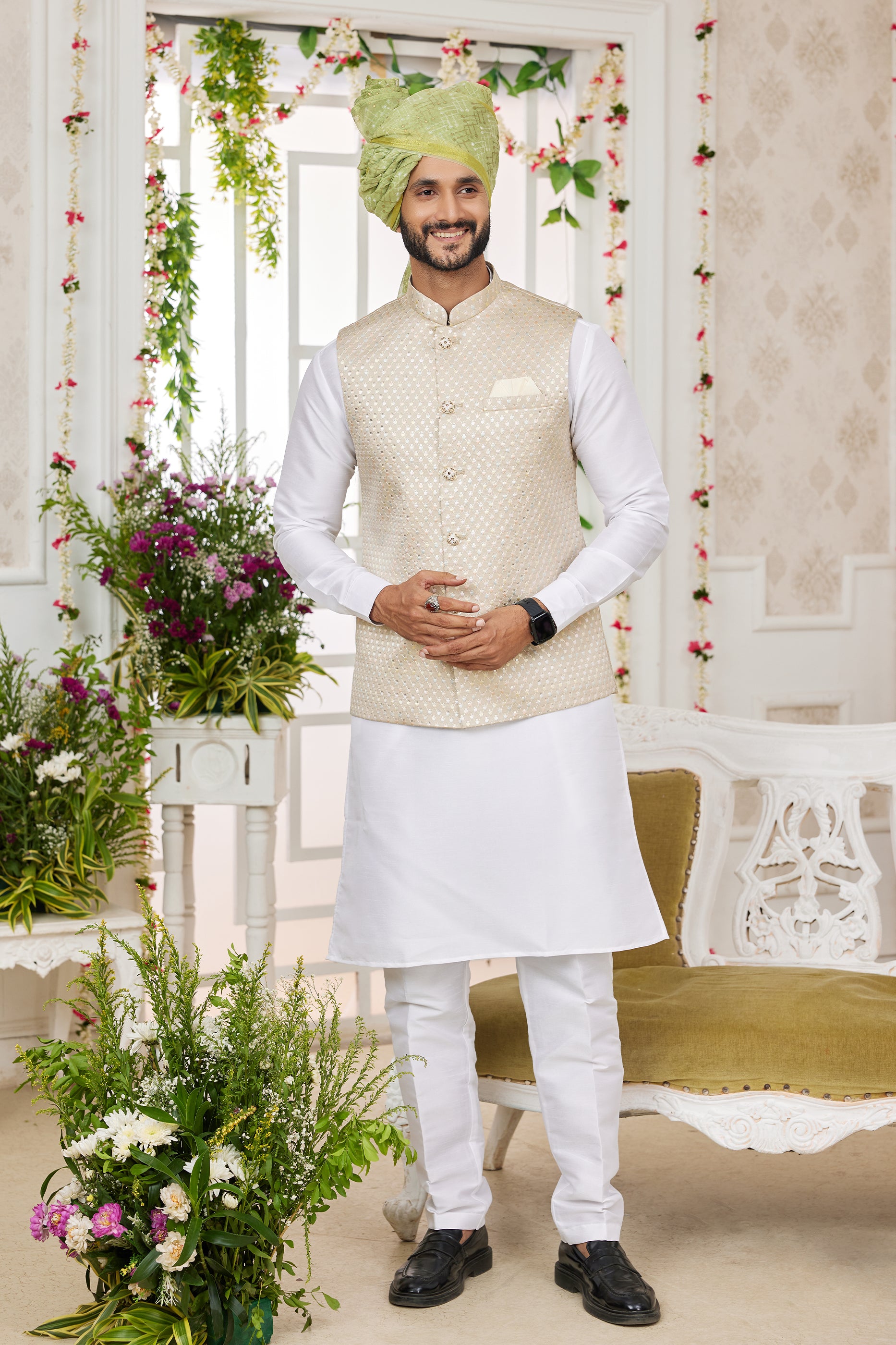 Off White Banarasi Silk Kurta Pajama With Jacket-SAR11410_1_SareeButa.com