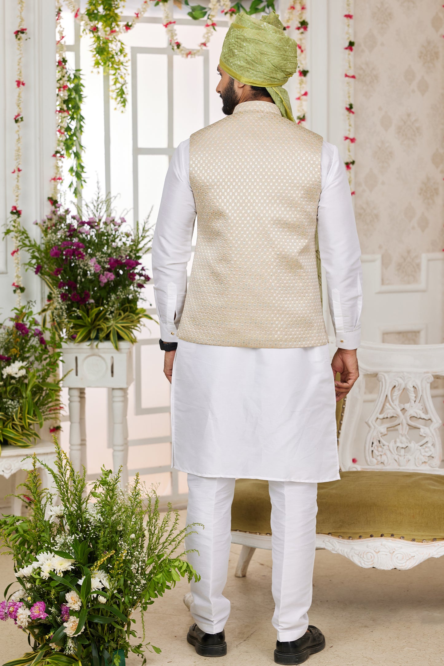 Off White Banarasi Silk Kurta Pajama With Jacket-SAR11410_2_SareeButa.com
