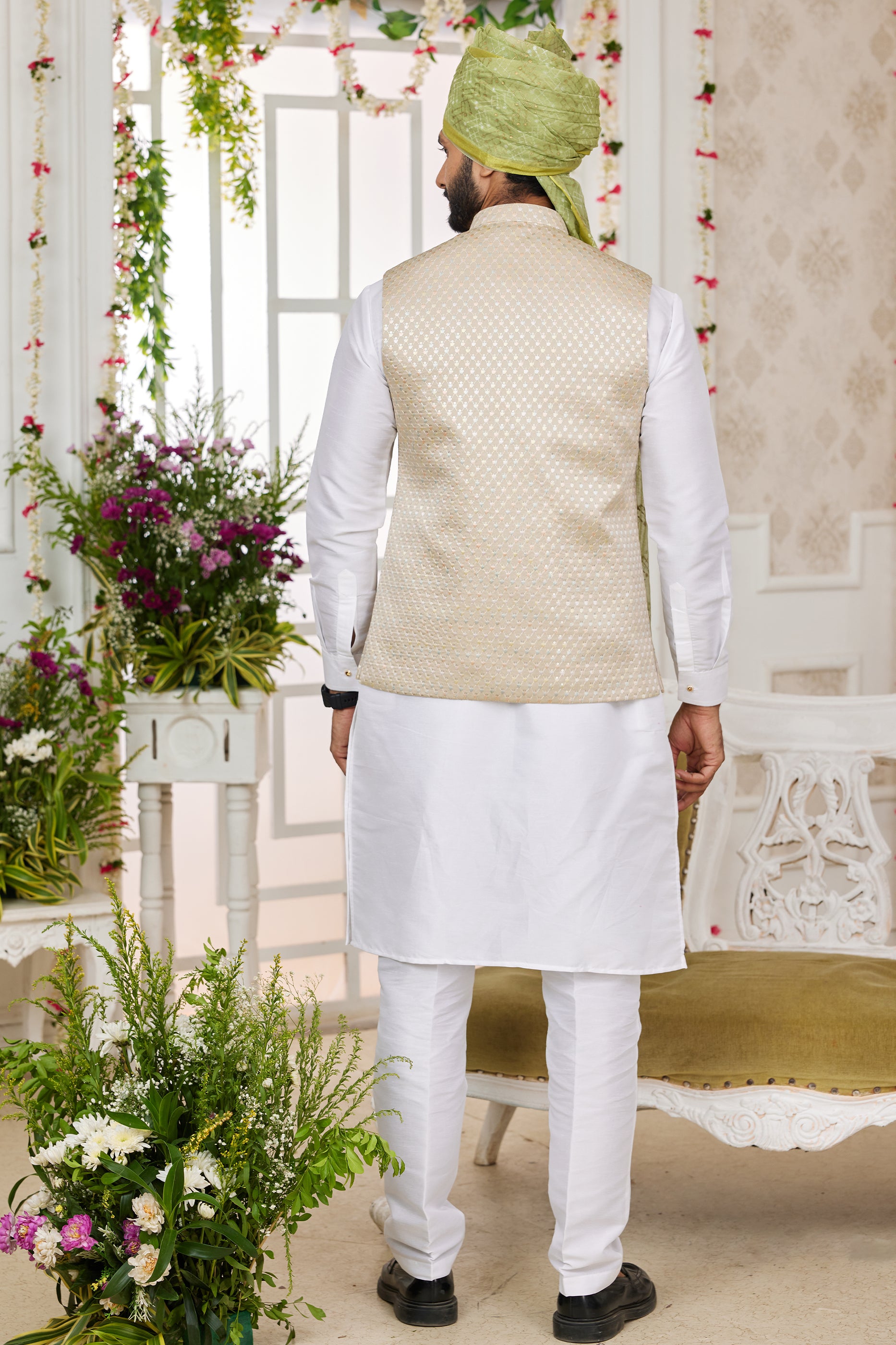Off White Banarasi Silk Kurta Pajama With Jacket-SAR11410_2_SareeButa.com