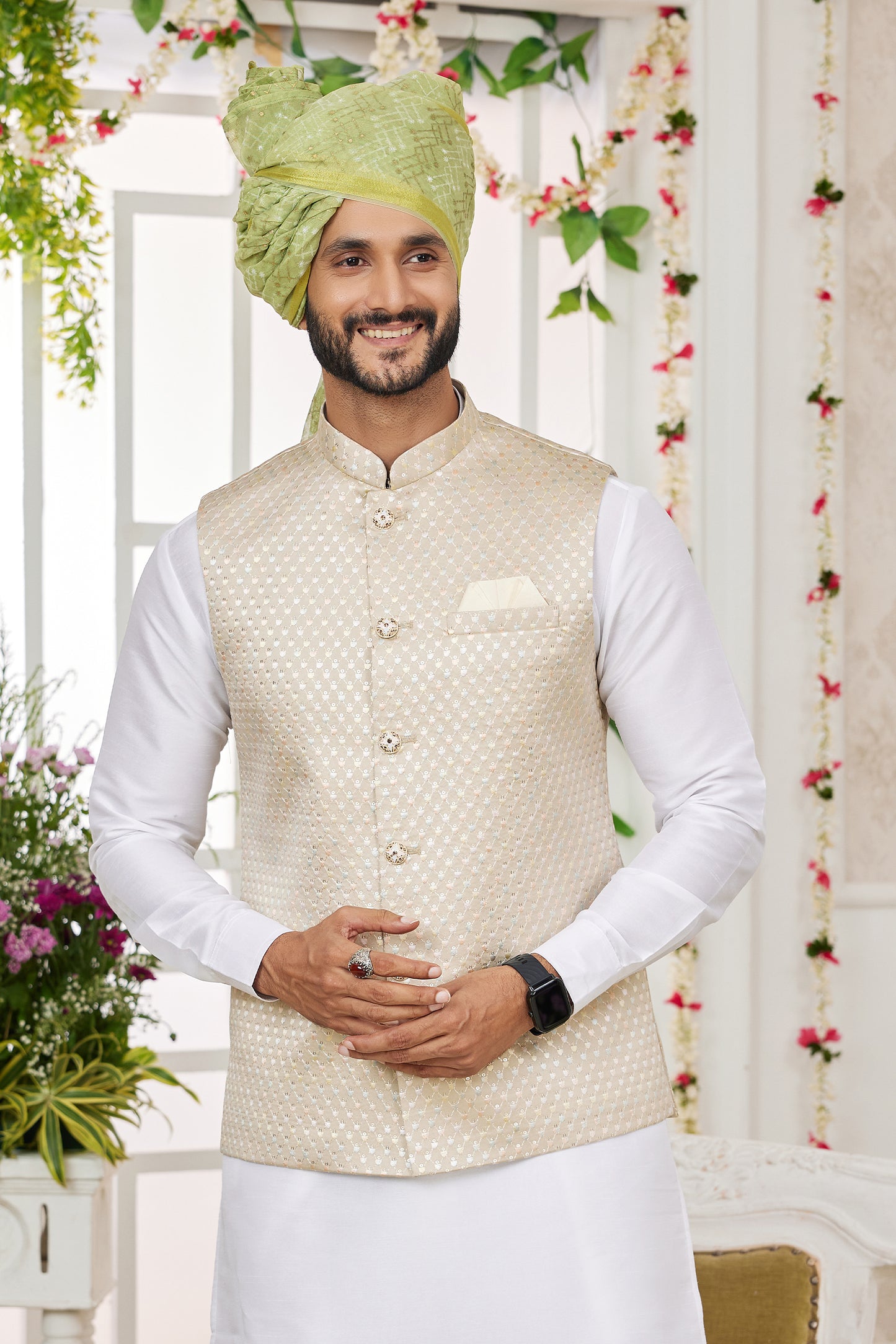 Off White Banarasi Silk Kurta Pajama With Jacket-SAR11410_3_SareeButa.com