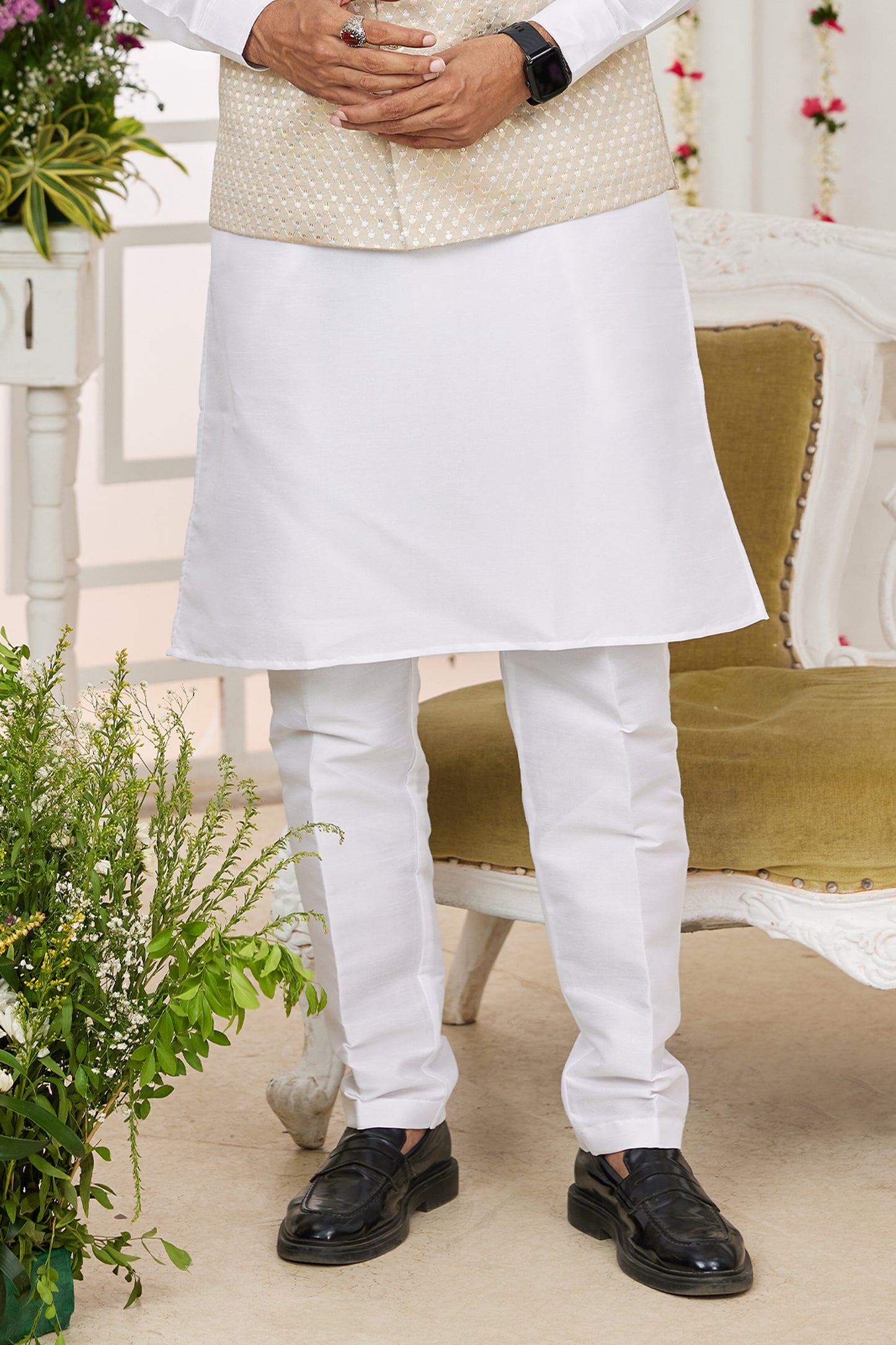 Off White Banarasi Silk Kurta Pajama With Jacket-SAR11410_4_SareeButa.com