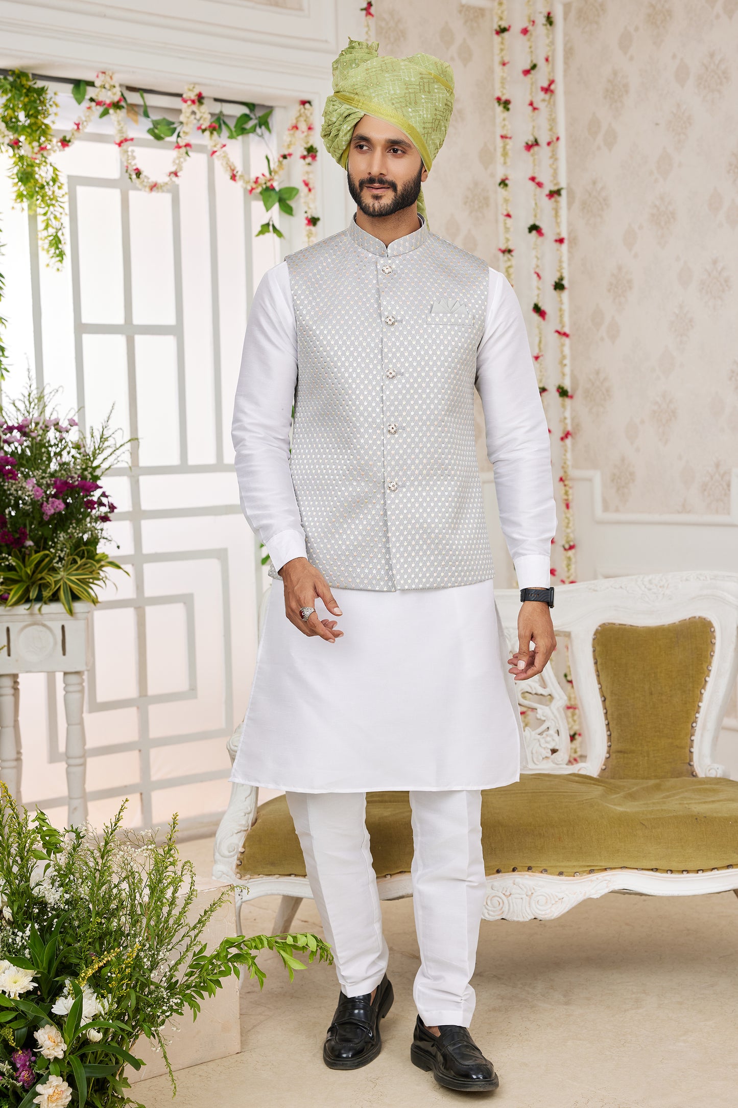 Off White Banarasi Silk Kurta Pajama With Jacket-SAR11411_1_SareeButa.com