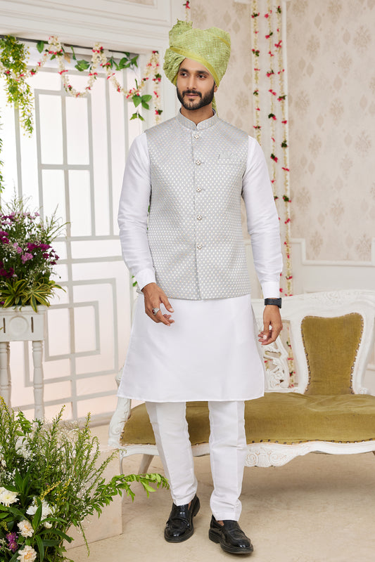 Off White Banarasi Silk Kurta Pajama With Jacket-SAR11411_1_SareeButa.com