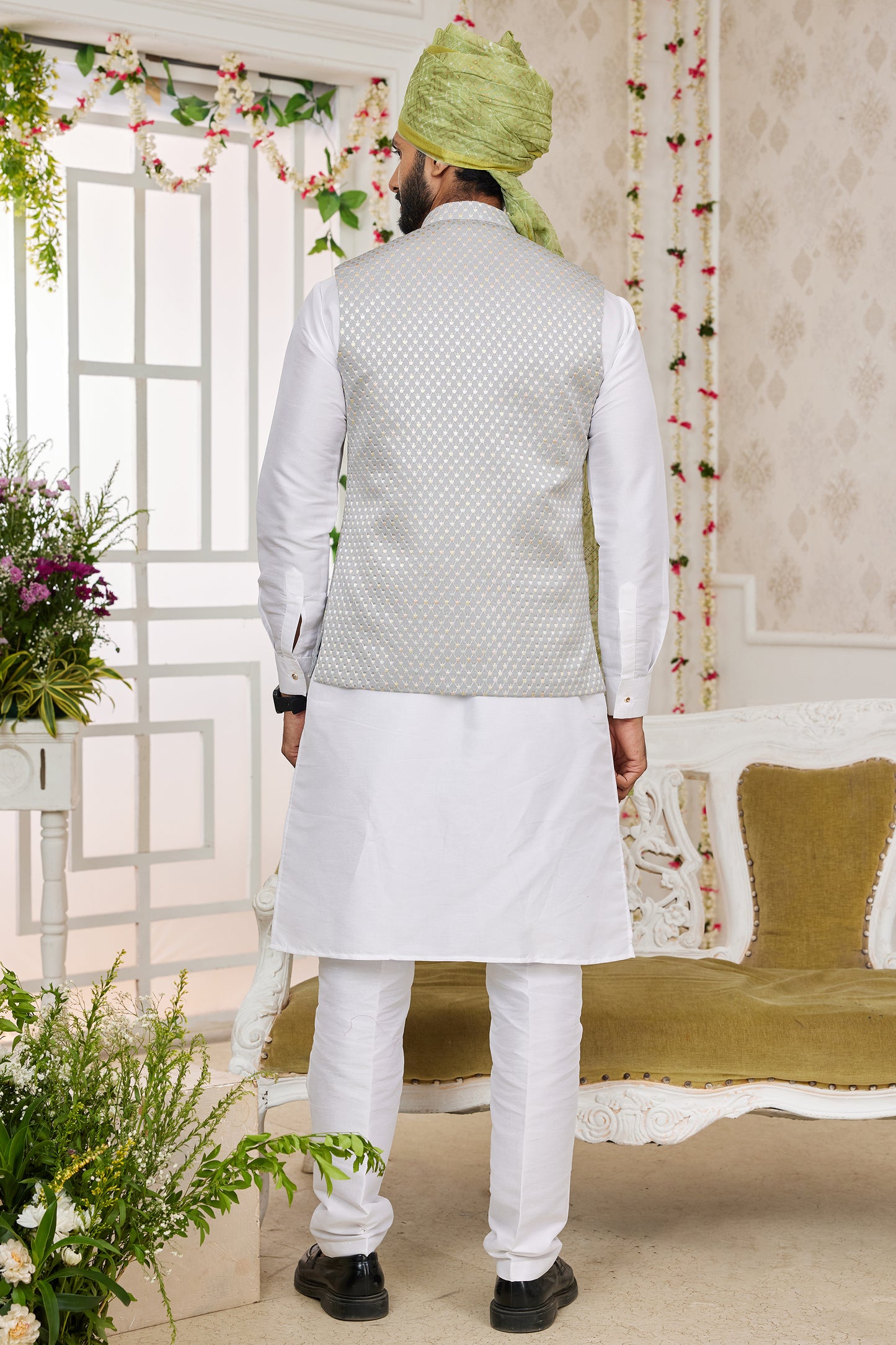 Off White Banarasi Silk Kurta Pajama With Jacket-SAR11411_2_SareeButa.com
