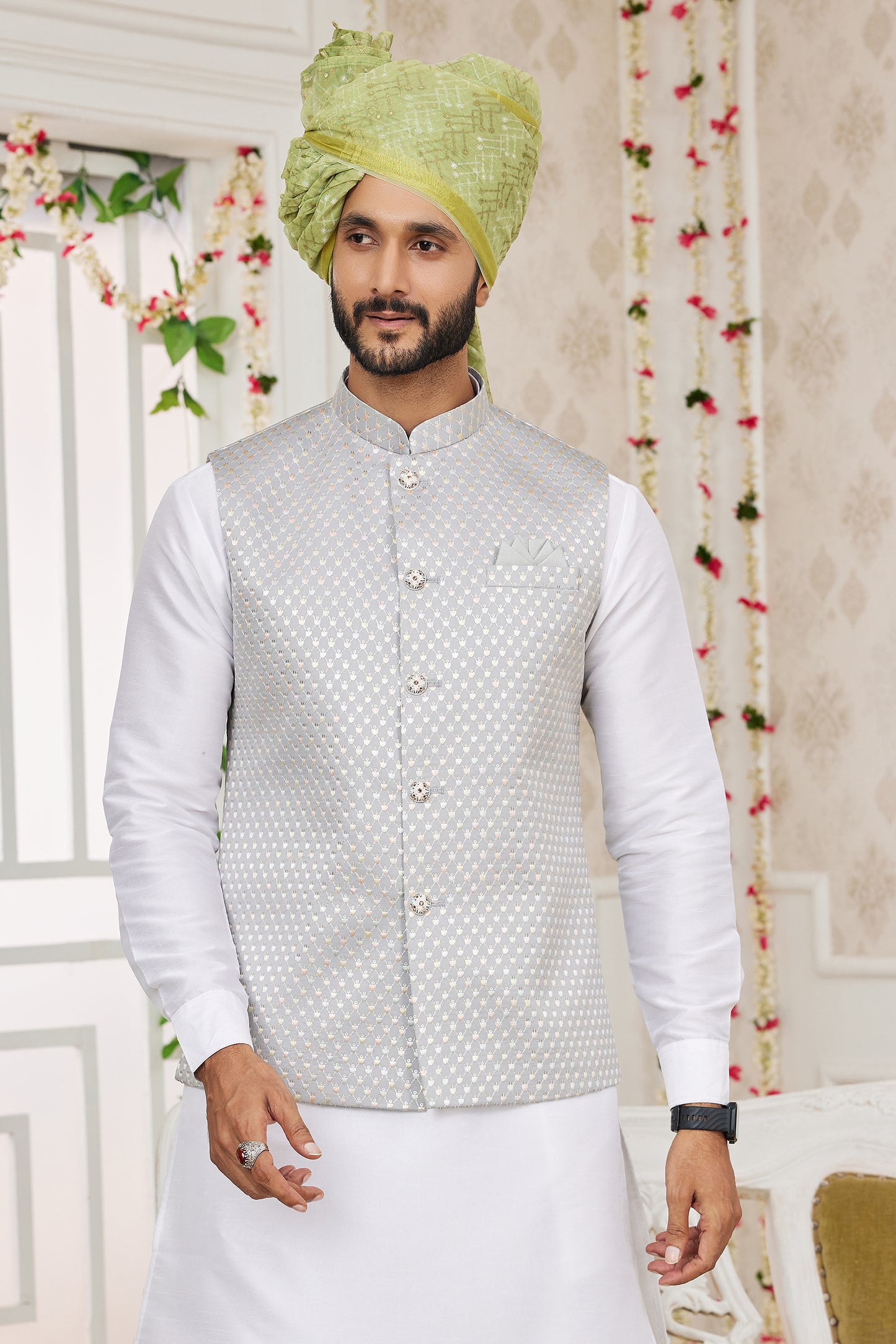 Off White Banarasi Silk Kurta Pajama With Jacket-SAR11411_3_SareeButa.com