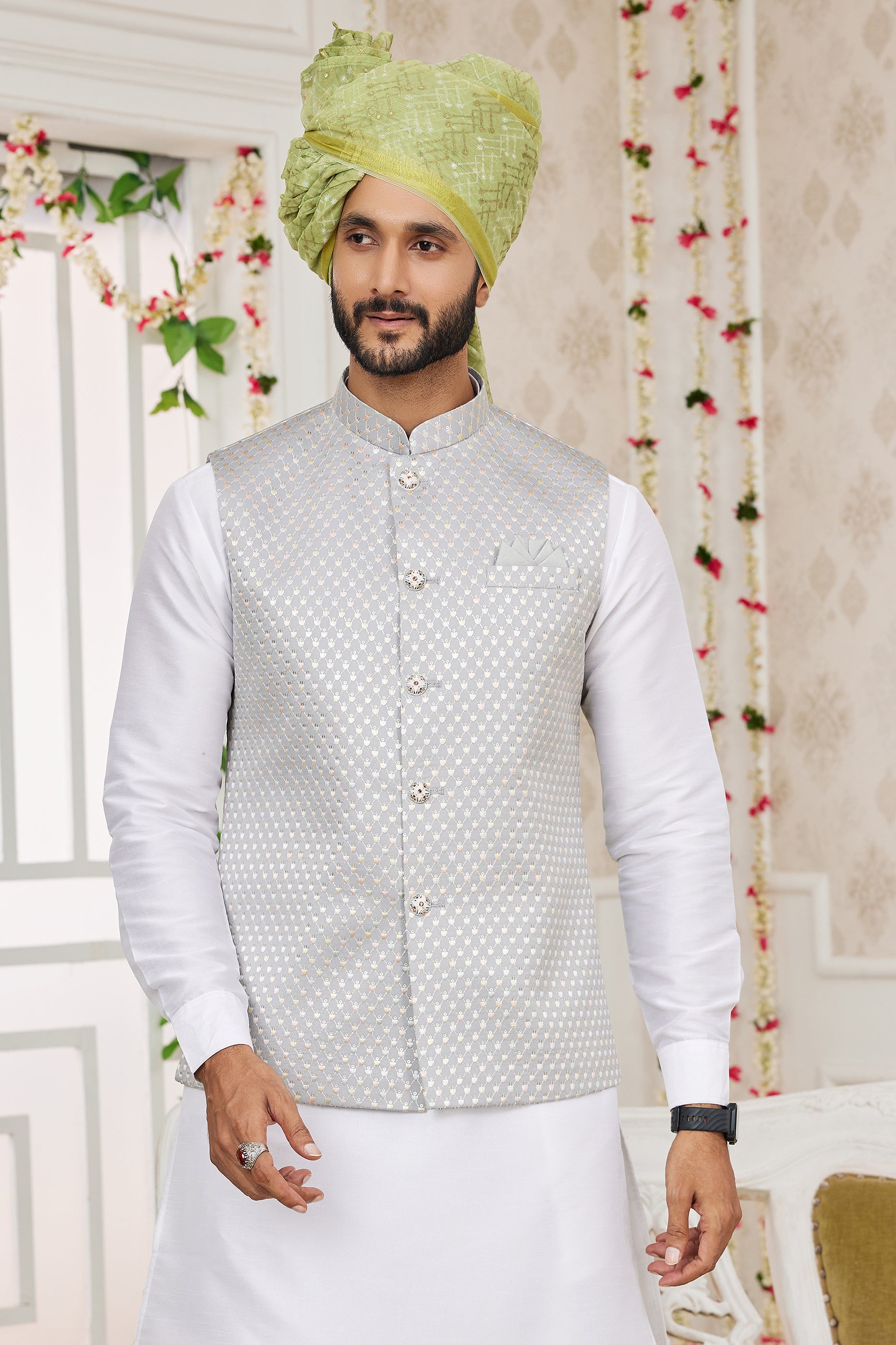 Off White Banarasi Silk Kurta Pajama With Jacket-SAR11411_3_SareeButa.com