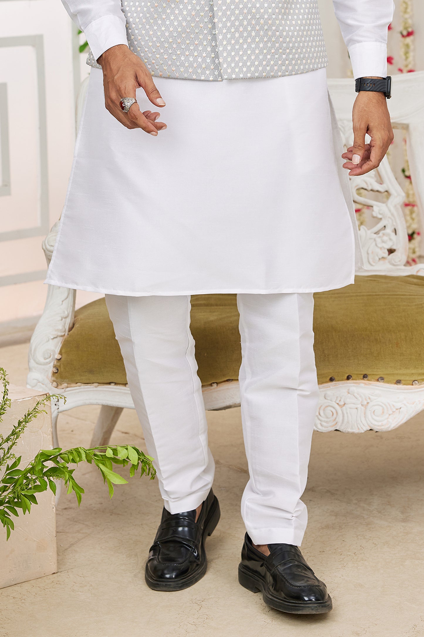 Off White Banarasi Silk Kurta Pajama With Jacket-SAR11411_4_SareeButa.com