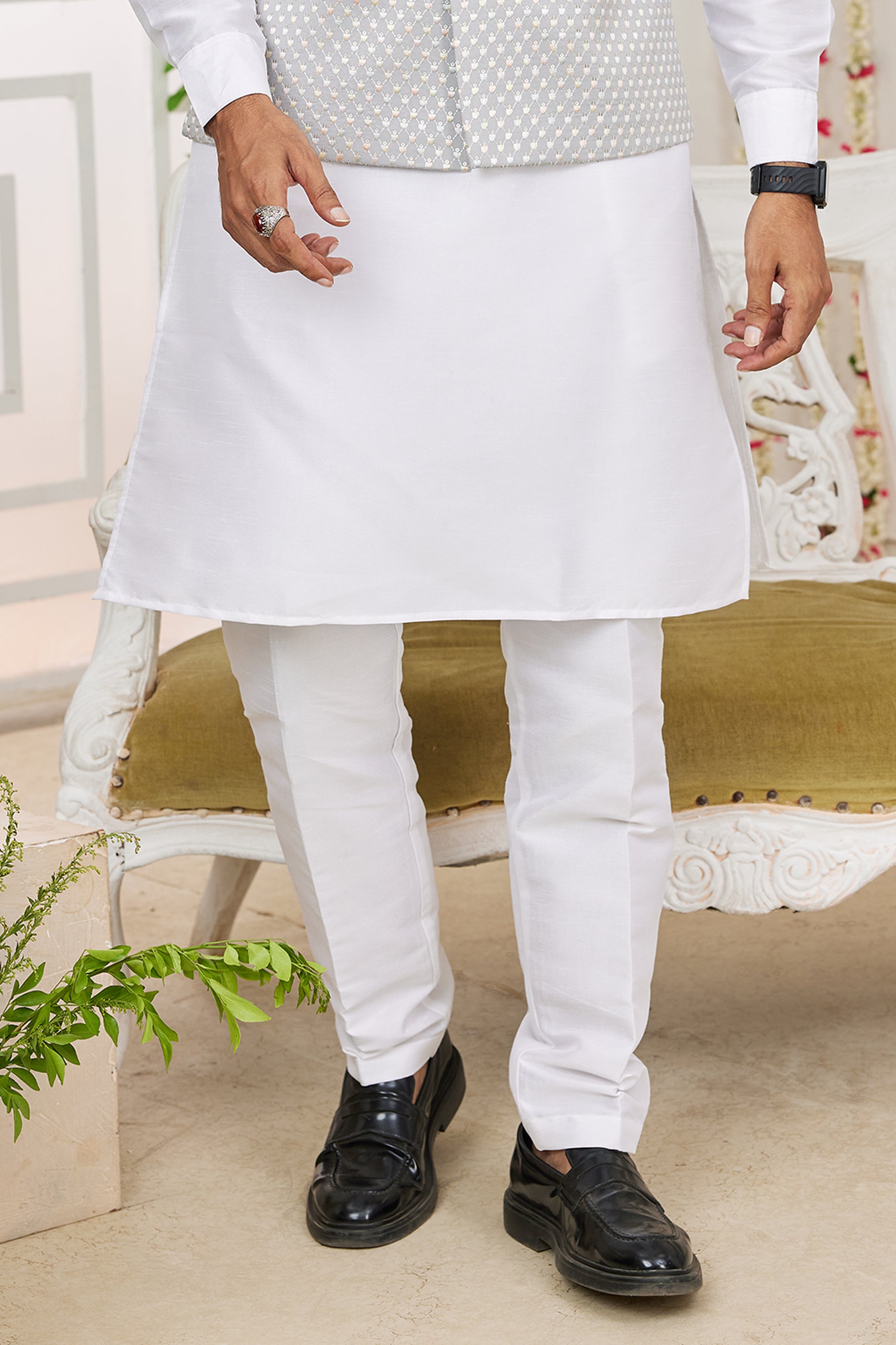 Off White Banarasi Silk Kurta Pajama With Jacket-SAR11411_4_SareeButa.com