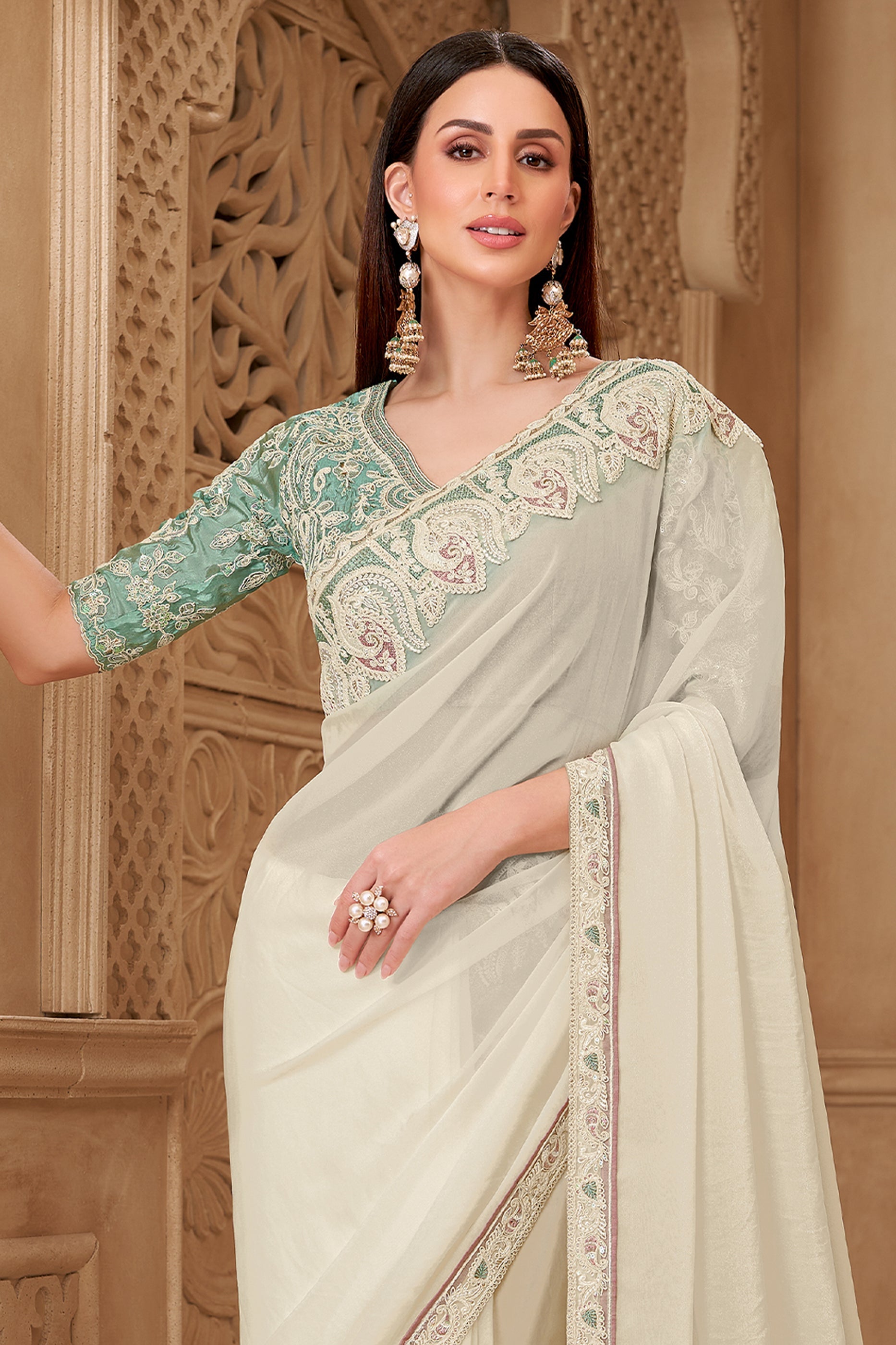 Off White Embroidered Georgette Silk Saree-SAR10591_3_SareeButa.com