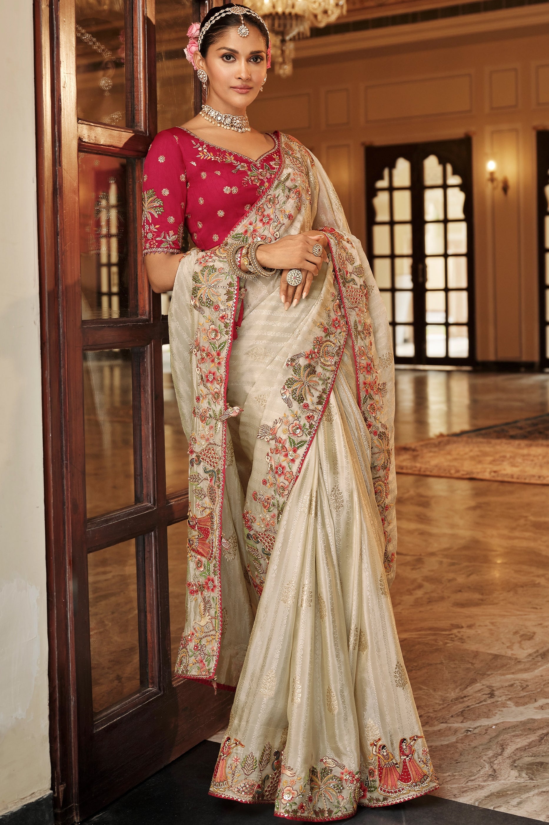 Off White Embroidered Jacquard Viscose Silk Saree-SAR10366_1_SareeButa.com