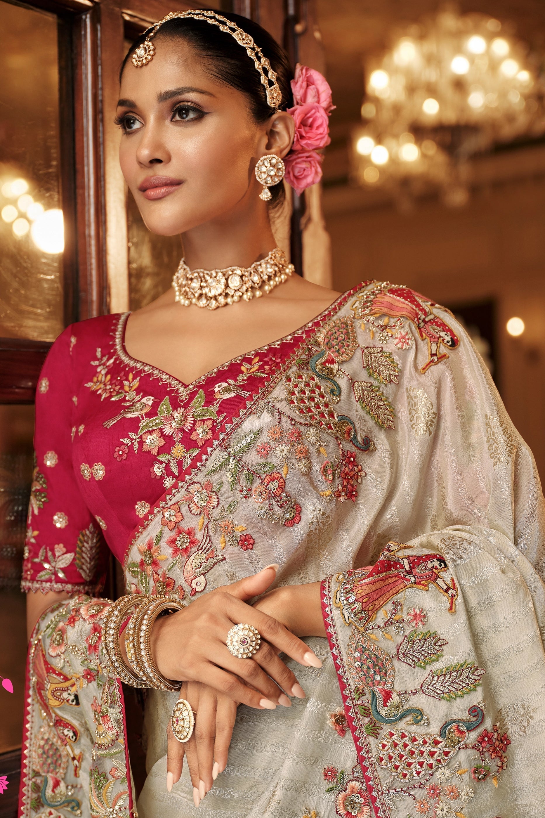 Off White Embroidered Jacquard Viscose Silk Saree-SAR10366_2_SareeButa.com