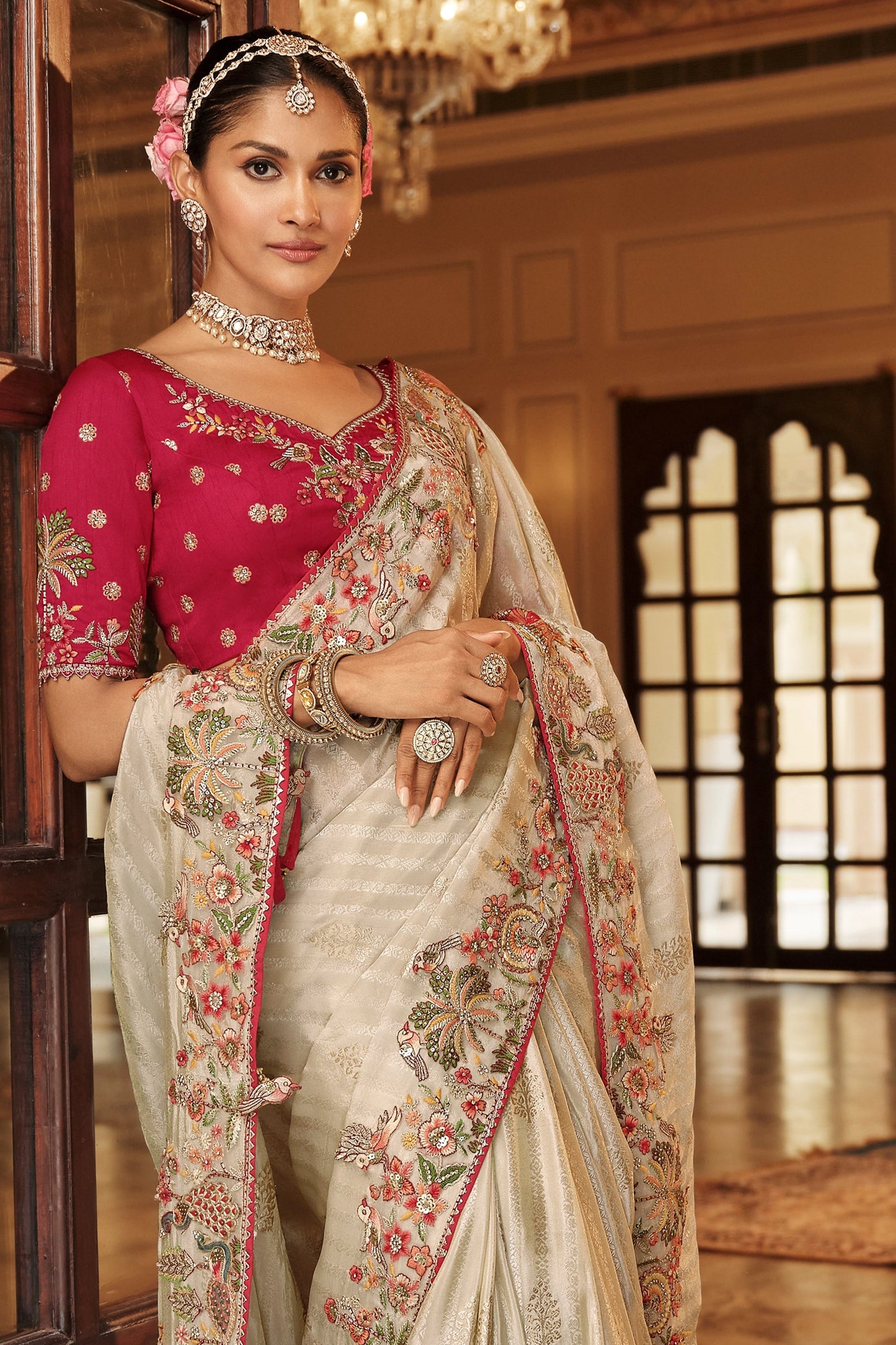 Off White Embroidered Jacquard Viscose Silk Saree-SAR10366_3_SareeButa.com