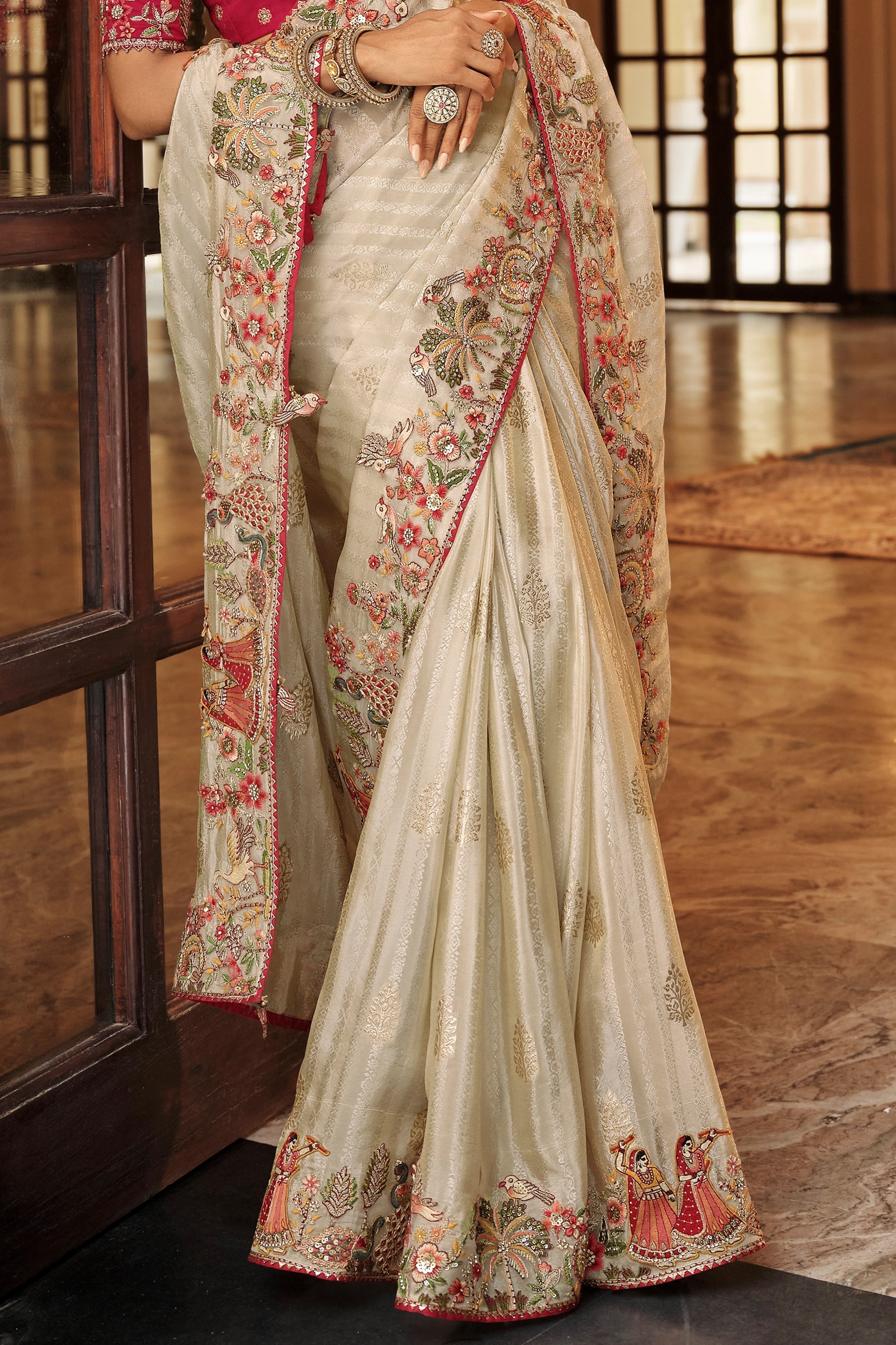 Off White Embroidered Jacquard Viscose Silk Saree-SAR10366_4_SareeButa.com