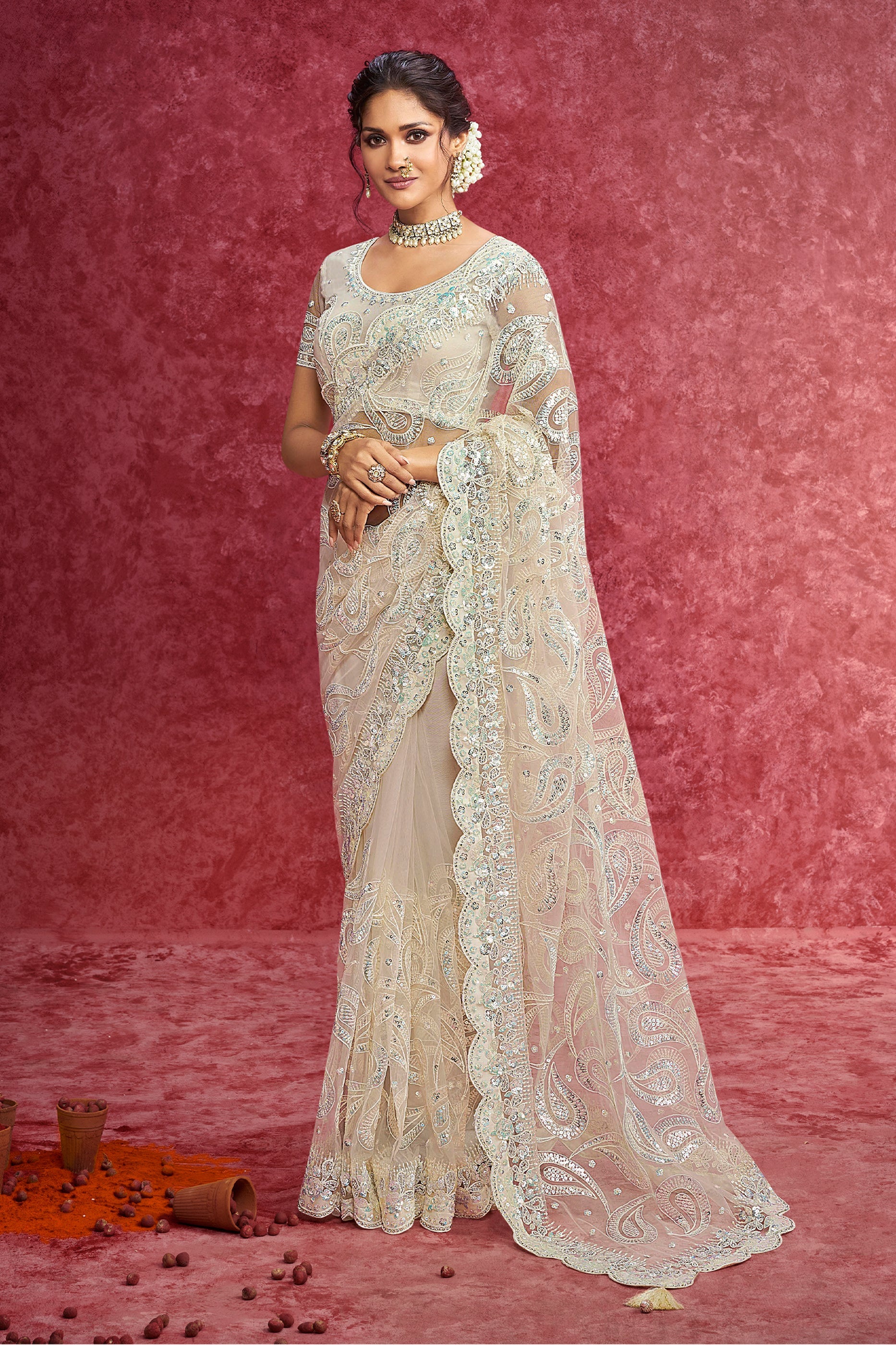 Off White Embroidered Net Saree-SAR10274_1_SareeButa.com